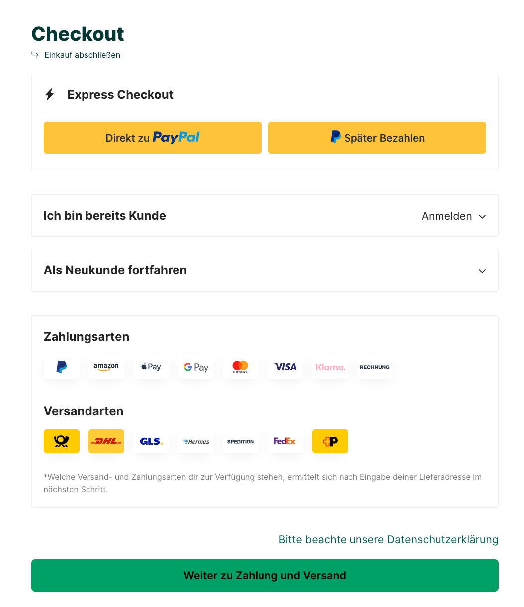 Zahlungs- und Versandicons in eigener Box vor dem Button zum nächsten Schritt
