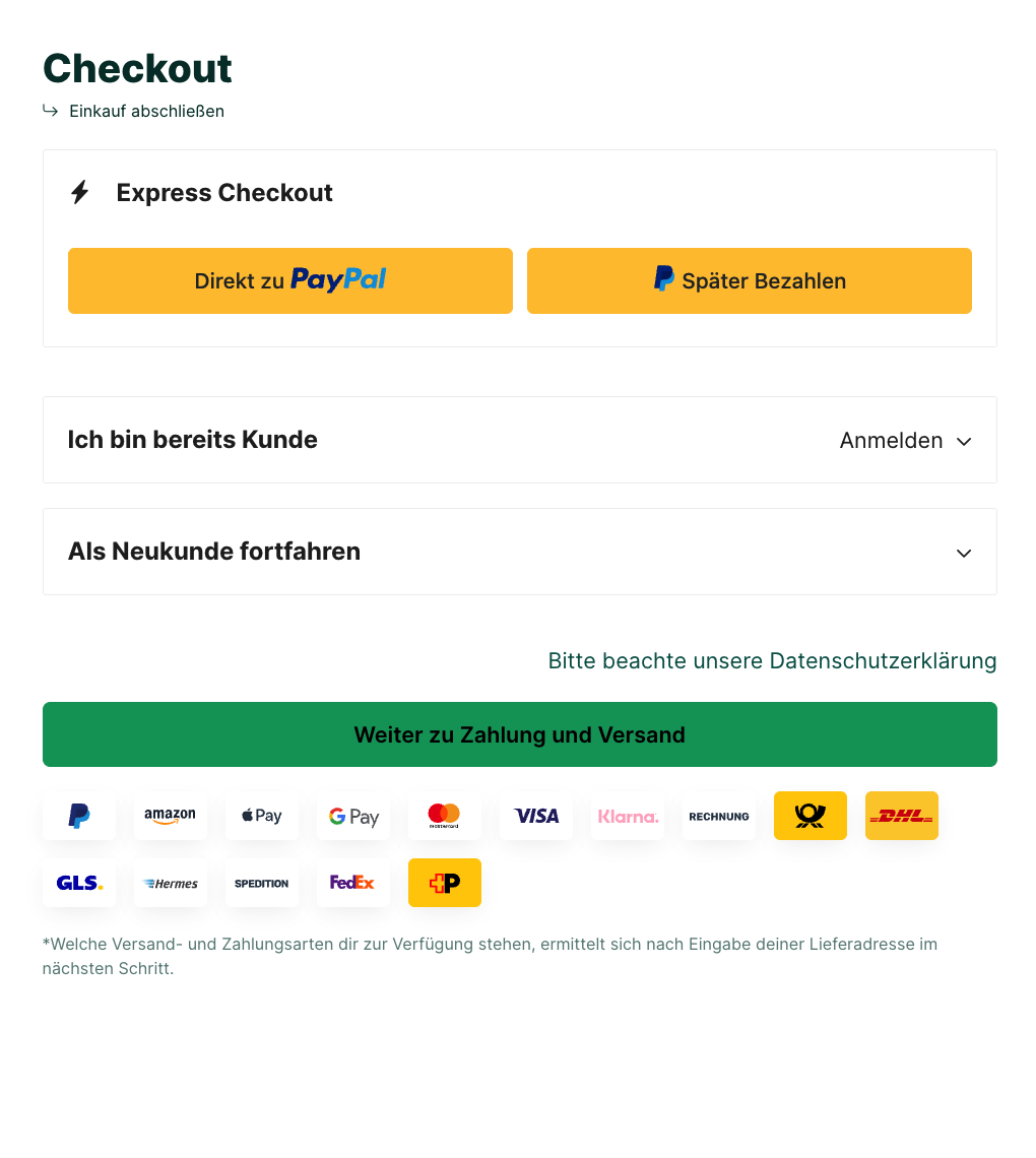 Zahlungs- und Versandicons unterm Button zum nächsten Schritt