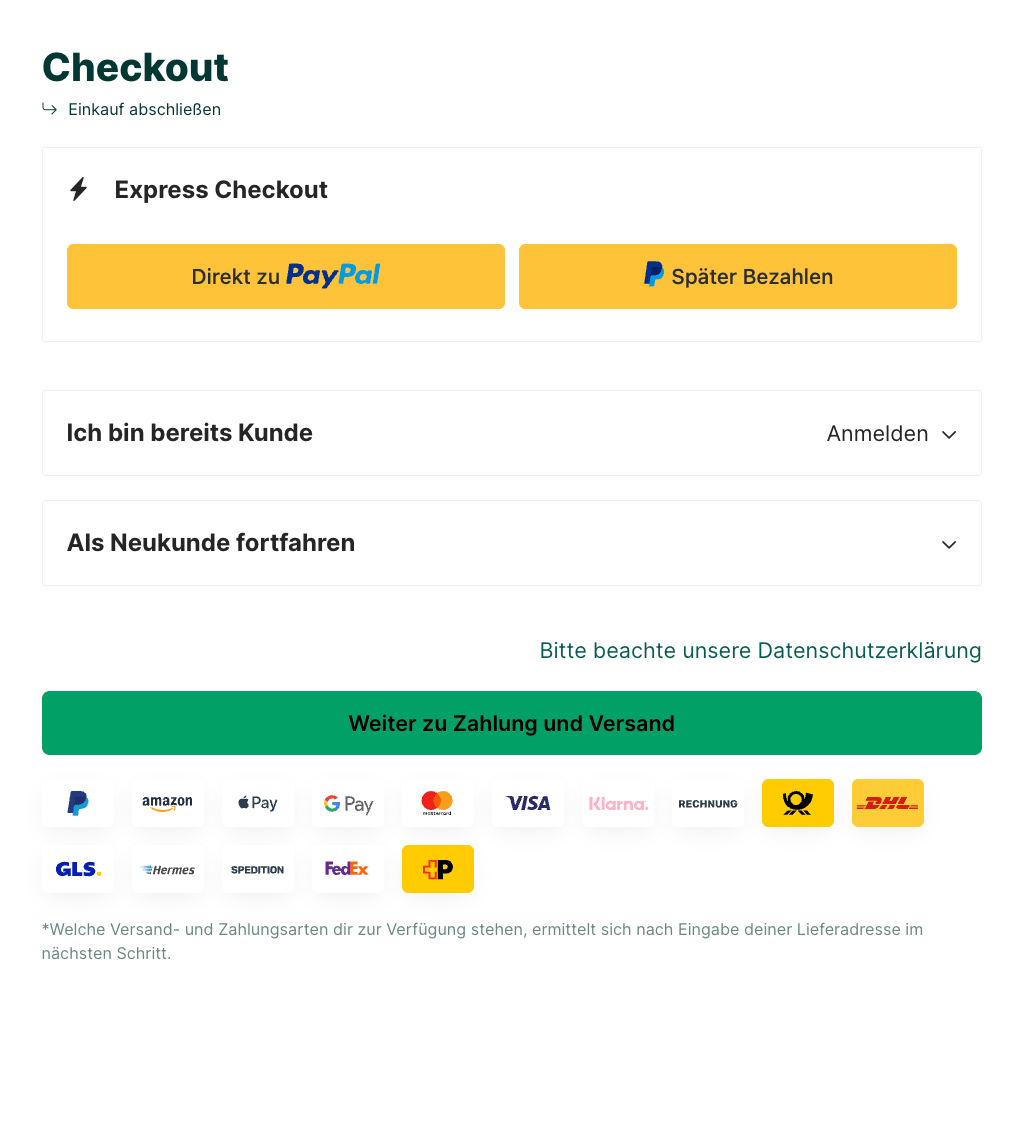 Zahlungs- und Versandicons unterm Button zum nächsten Schritt