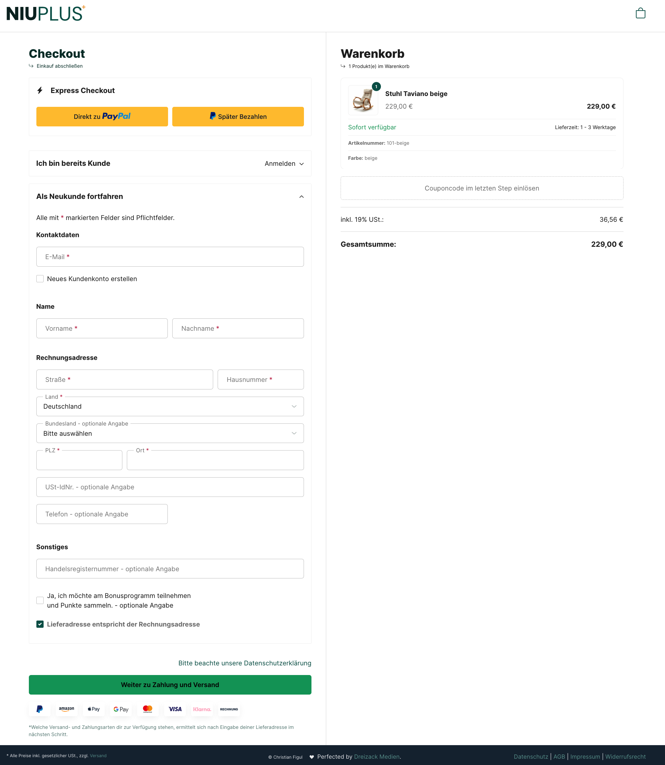 Primär Gast: Neukunde offen, Login zu