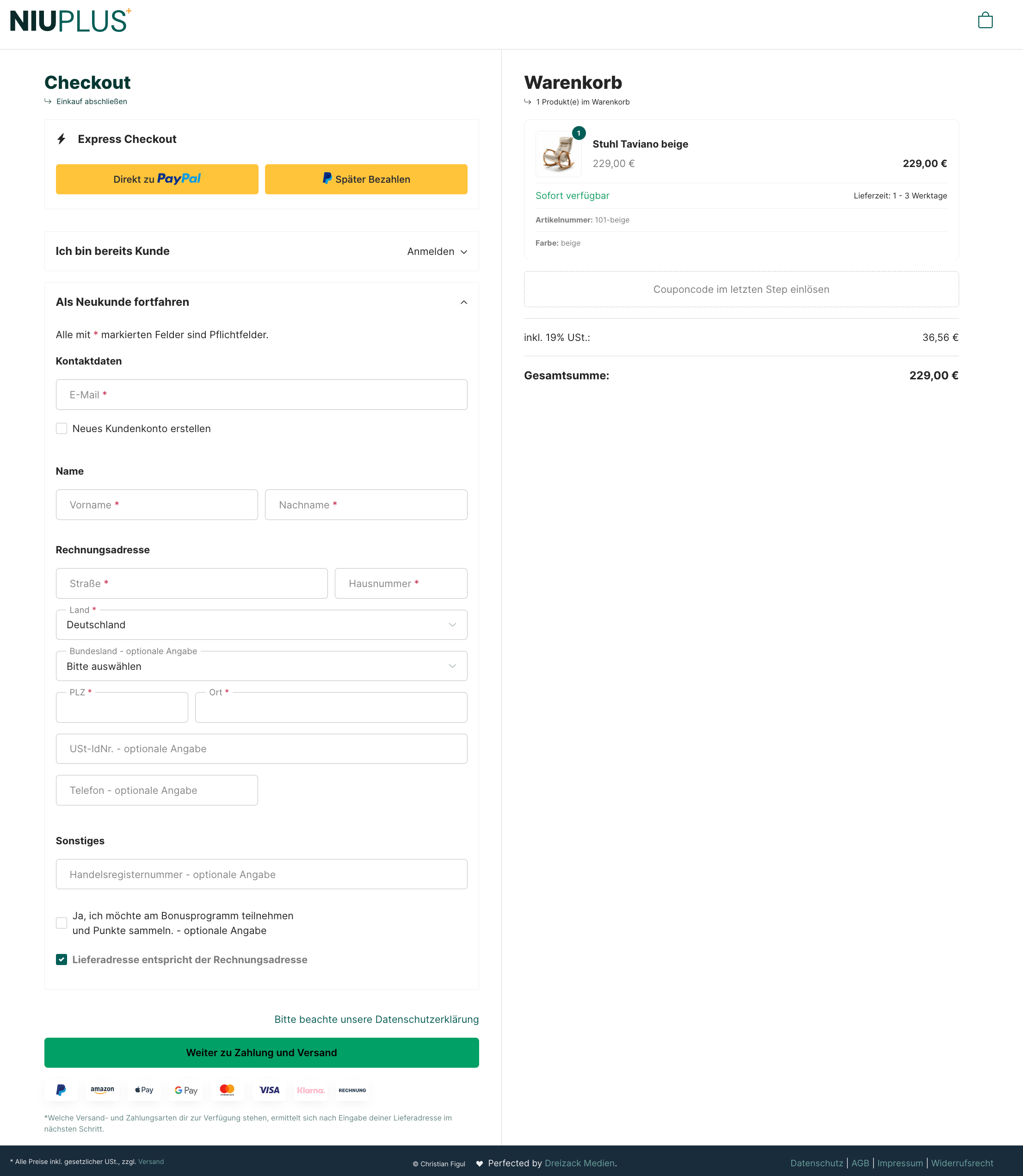 Primär Gast: Neukunde offen, Login zu