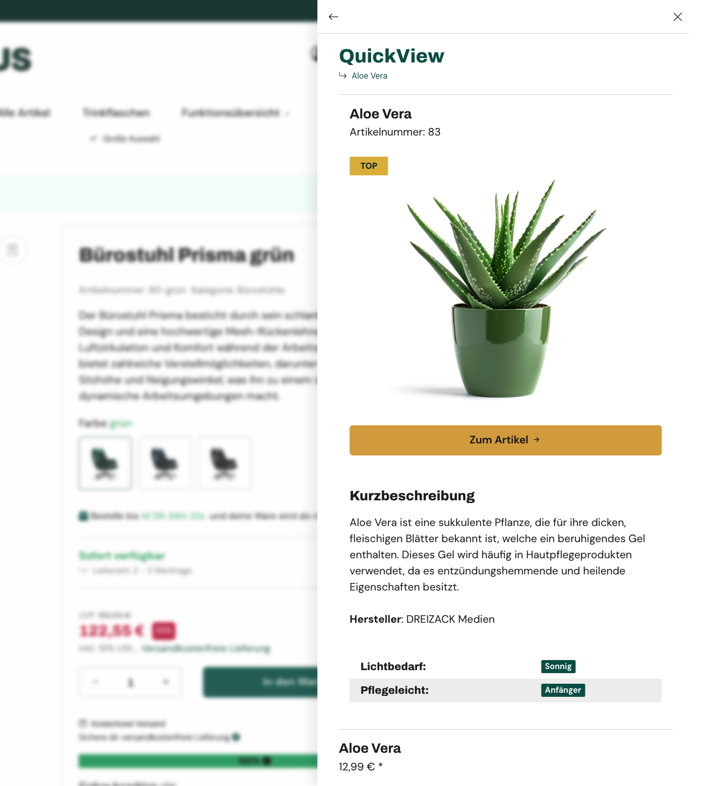 QuickView über Artikeldetails in der X-Selling Sidebar