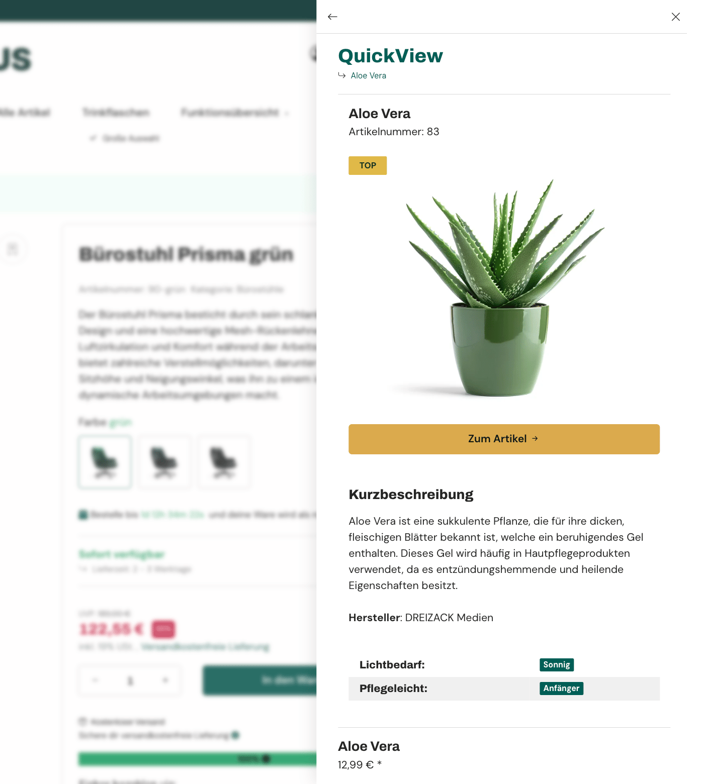 QuickView über Artikeldetails in der X-Selling Sidebar