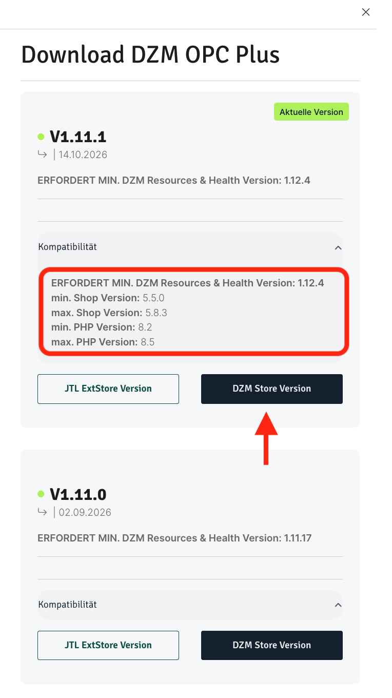 Versionsliste in der Sidebar