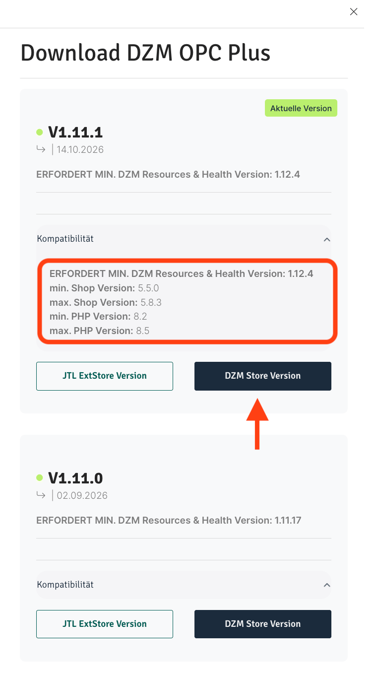 Versionsliste in der Sidebar