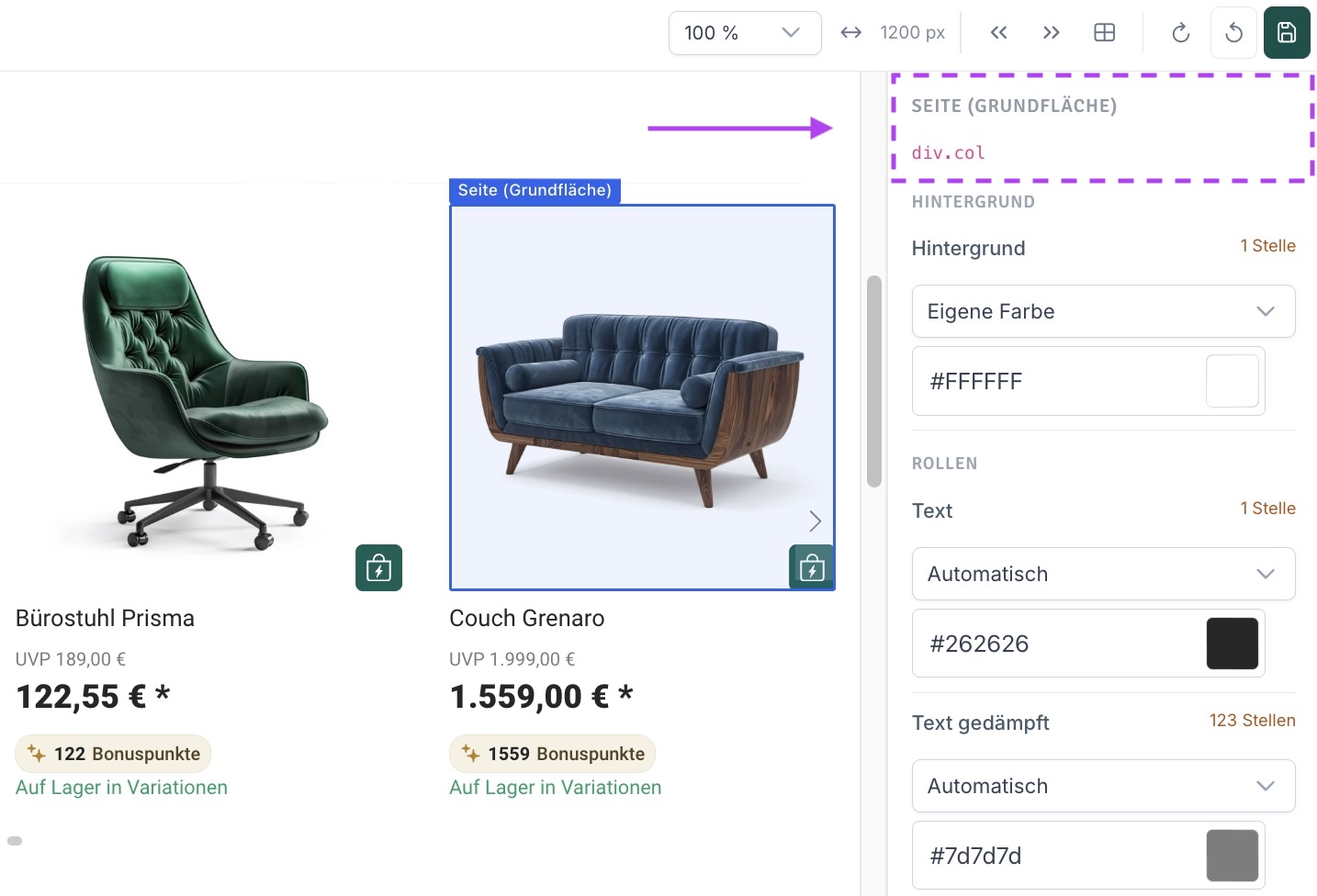 Hover im Bearbeitungsmodus zeigt Strukturelement und CSS-Klassenselektor