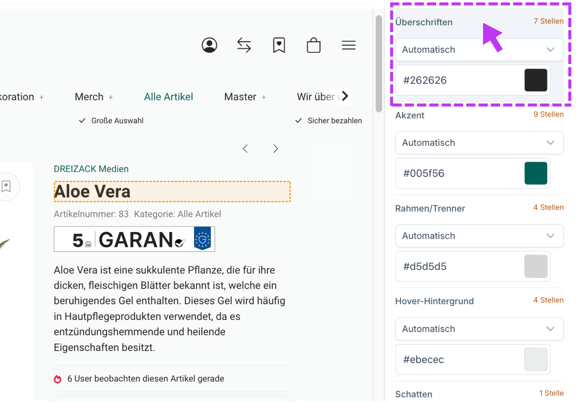 Hover über eine Rolle im Editor-Panel hebt alle betroffenen Stellen in der Vorschau hervor
