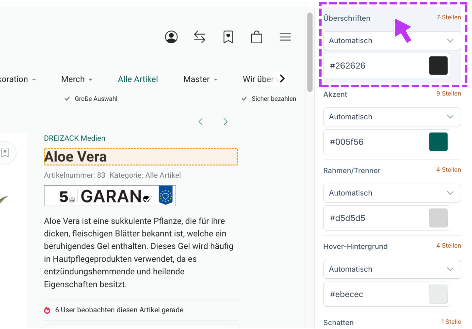 Hover über eine Rolle im Editor-Panel hebt alle betroffenen Stellen in der Vorschau hervor