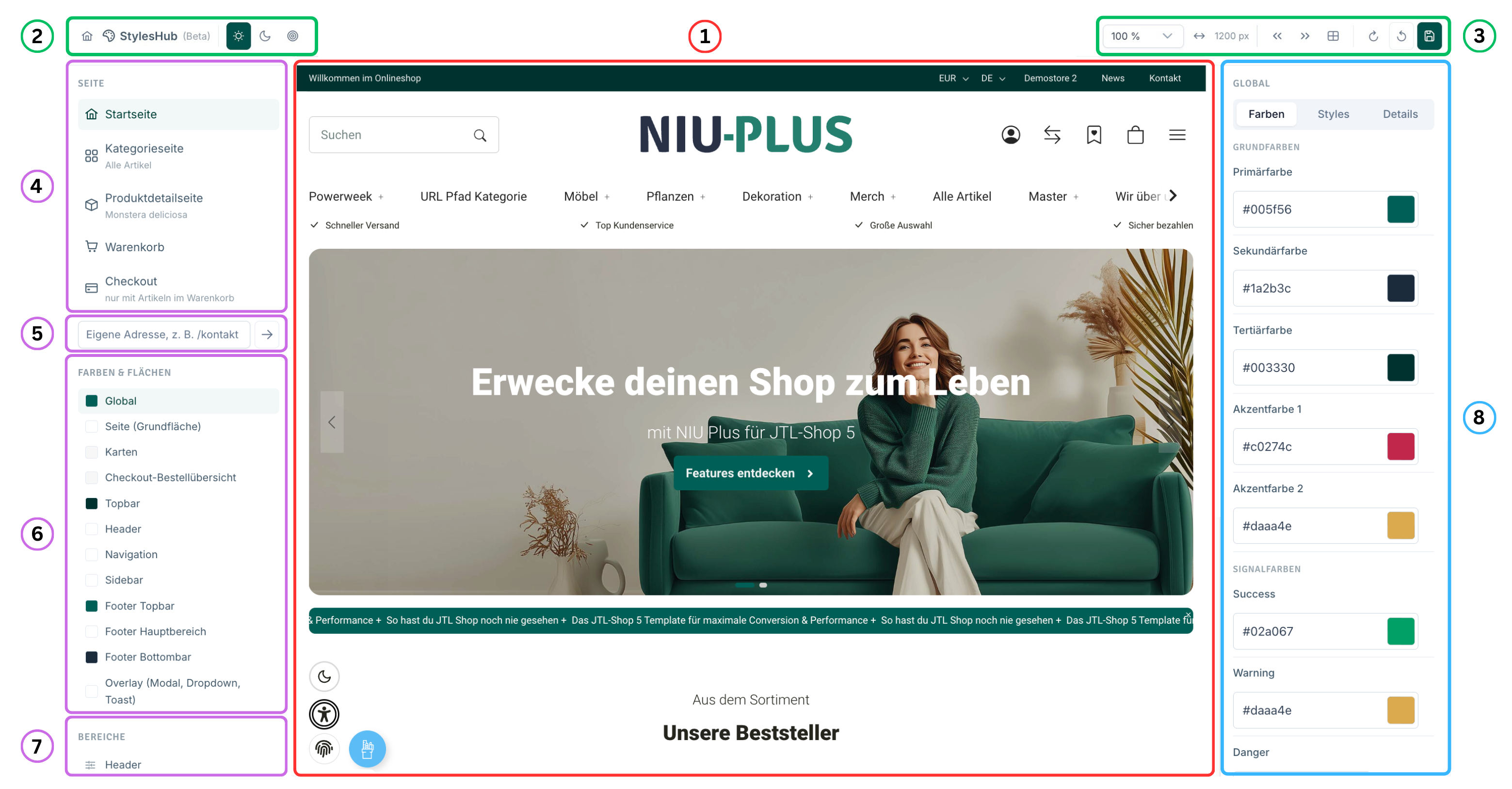 Nummerierte Übersicht der StylesHub Oberfläche