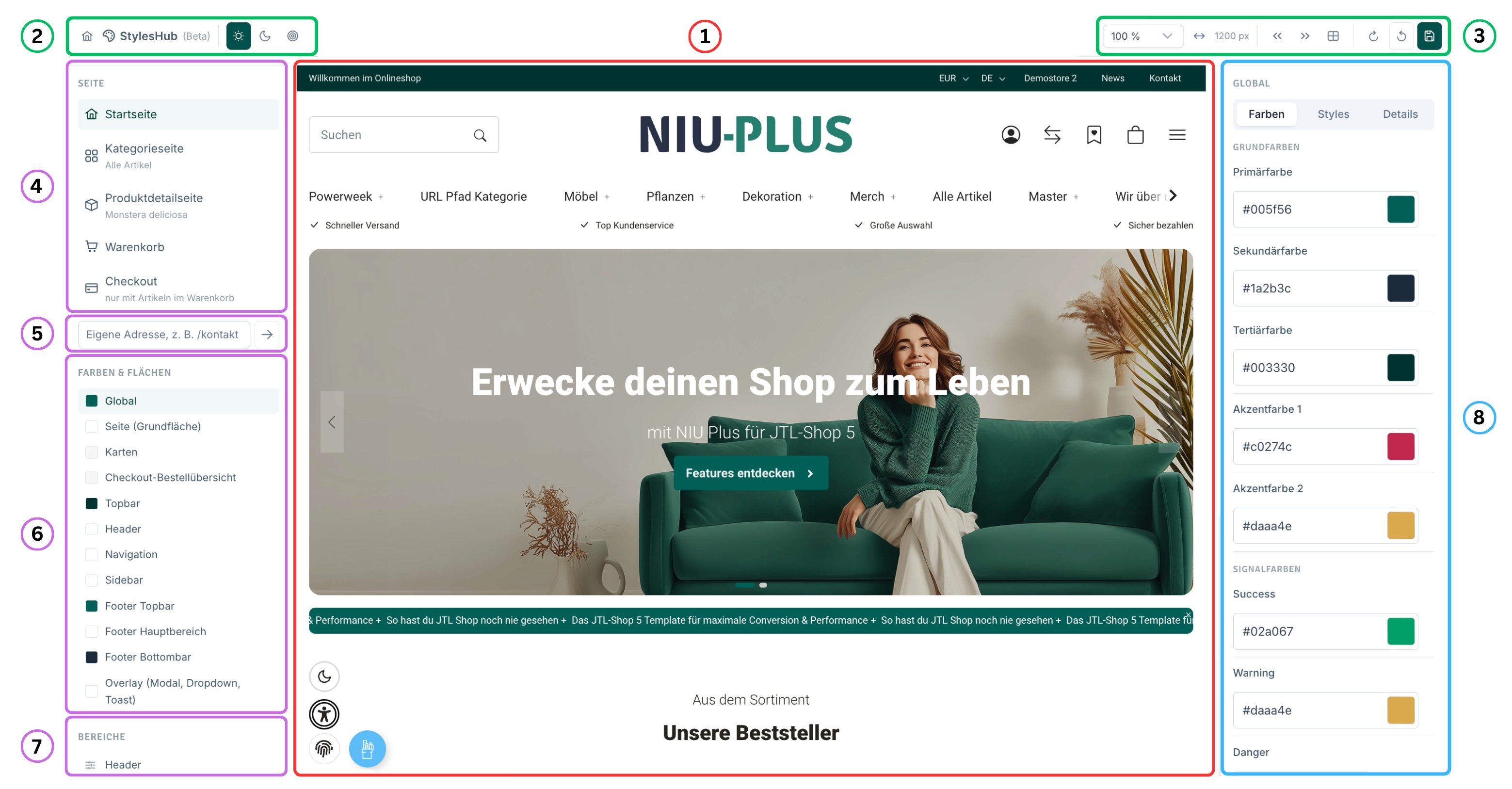 Nummerierte Übersicht der StylesHub Oberfläche