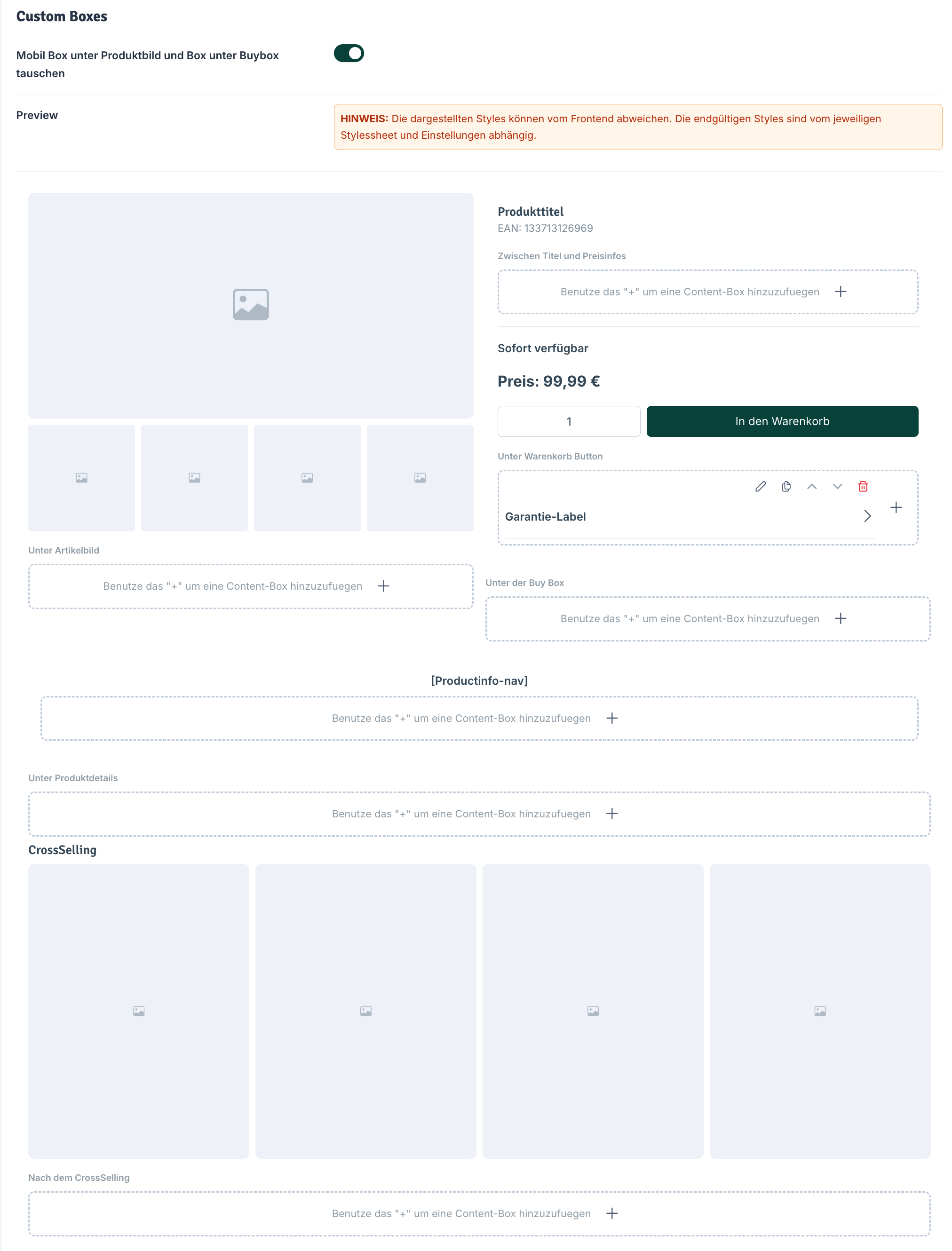 Custom Boxes Übersicht mit allen Slots
