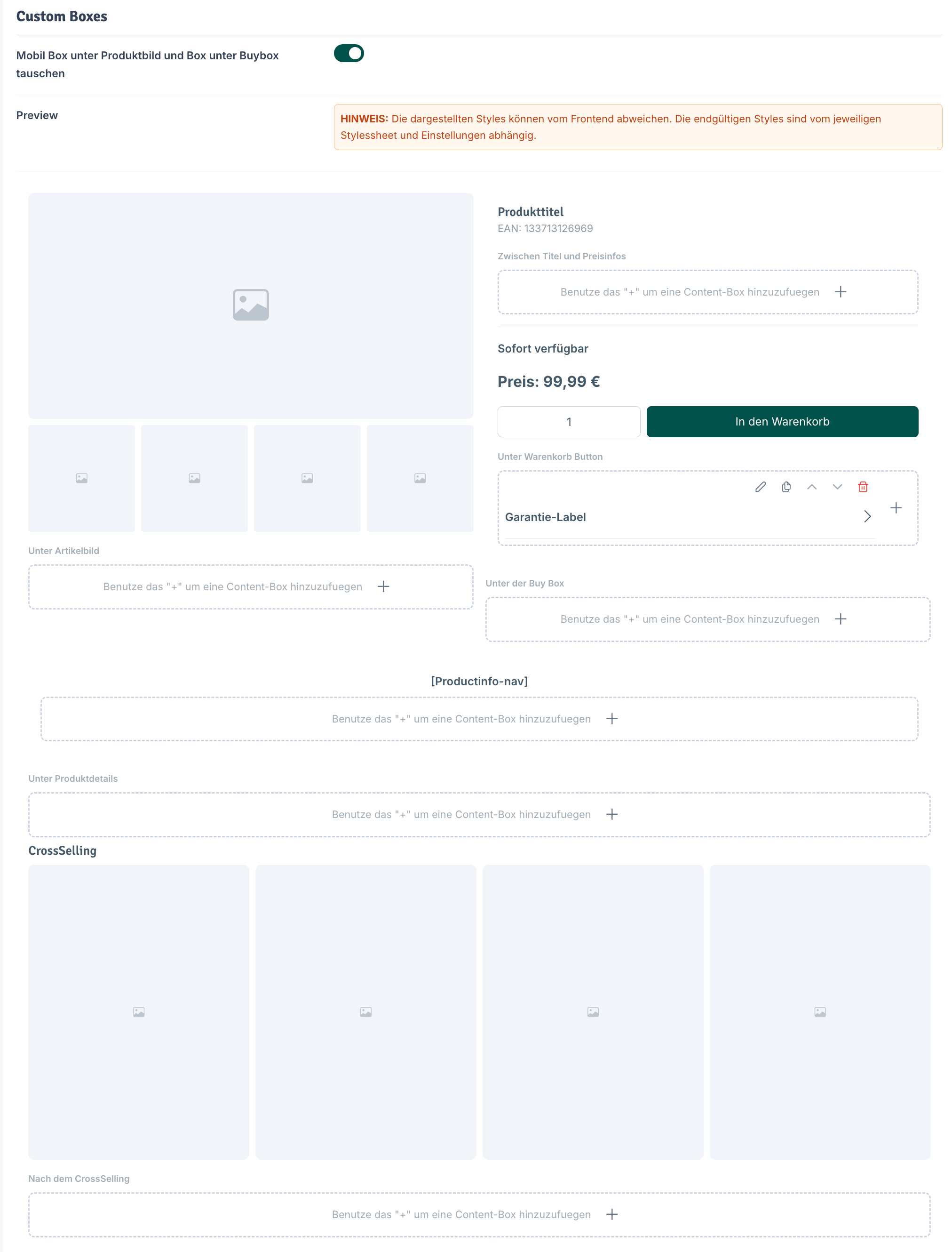 Custom Boxes Übersicht mit allen Slots