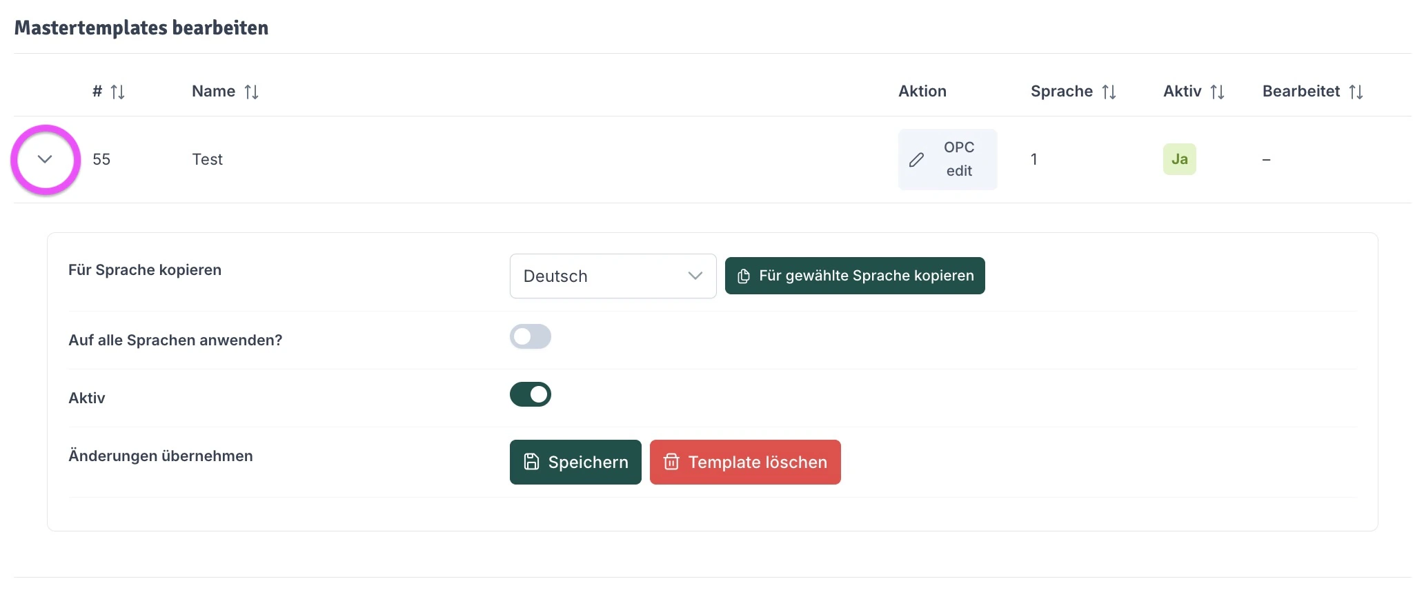 Mastertemplates Tabelle