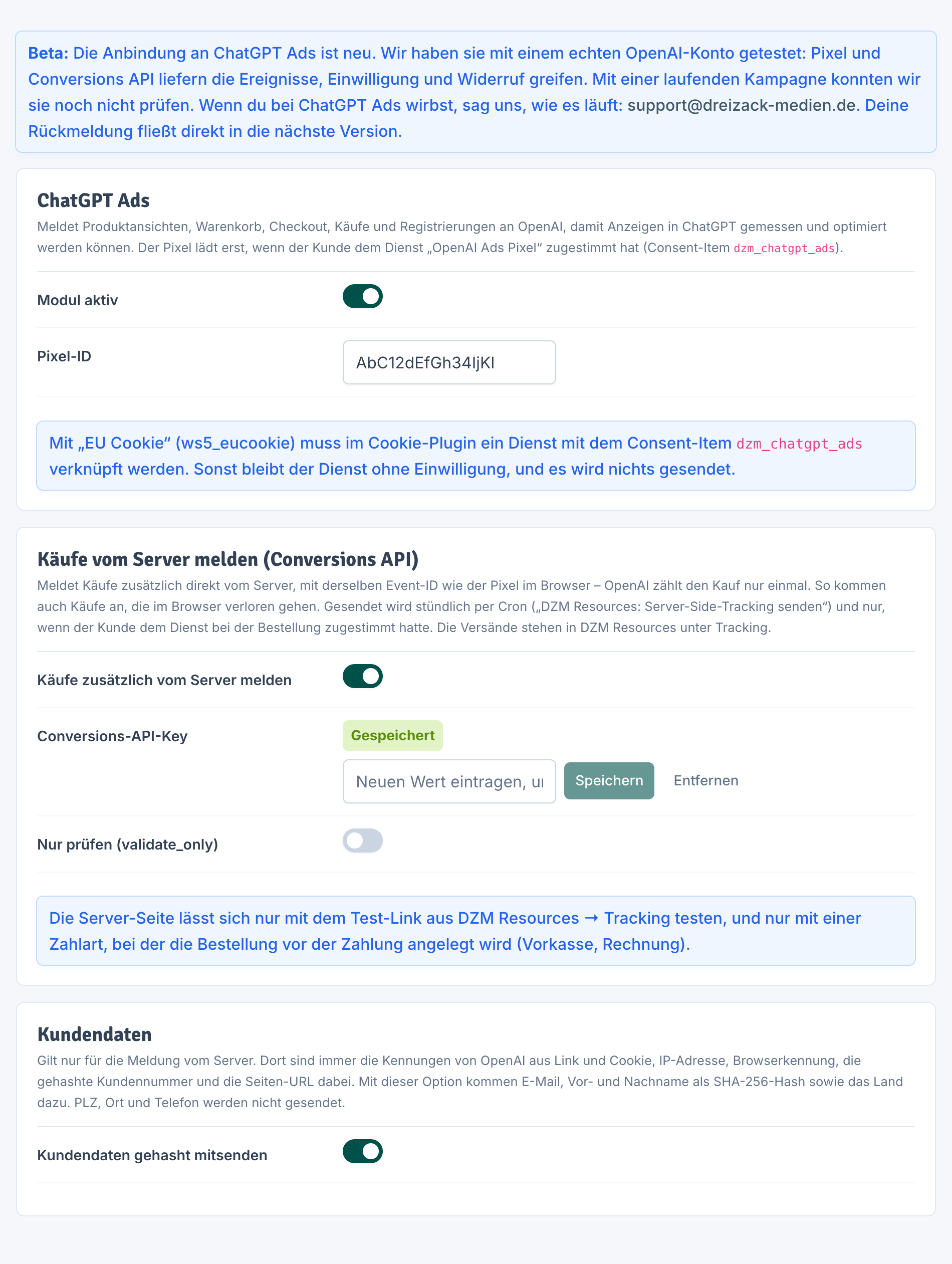 Einstellungsseite ChatGPT Ads (Beta) in Agentic Plus
