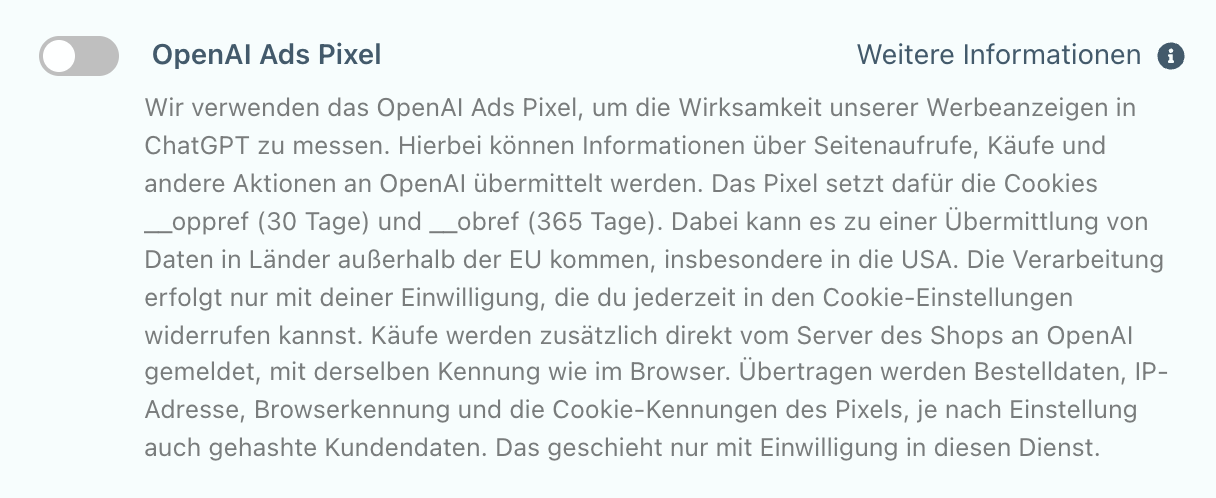 Der Dienst OpenAI Ads Pixel in den Cookie-Einstellungen des Shops