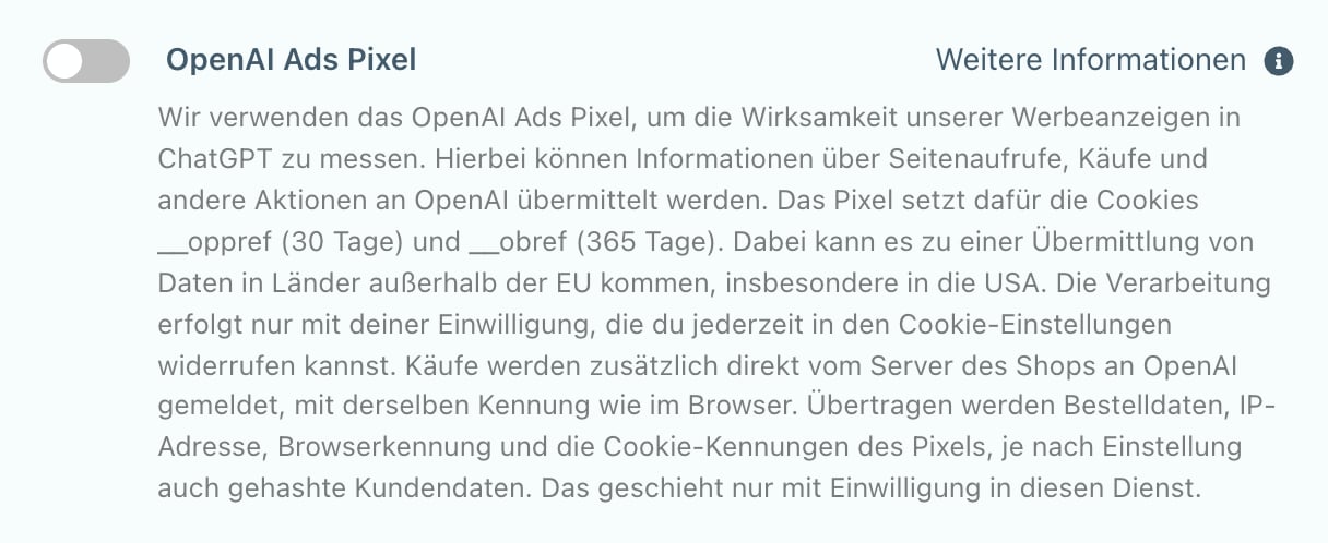 Der Dienst OpenAI Ads Pixel in den Cookie-Einstellungen des Shops