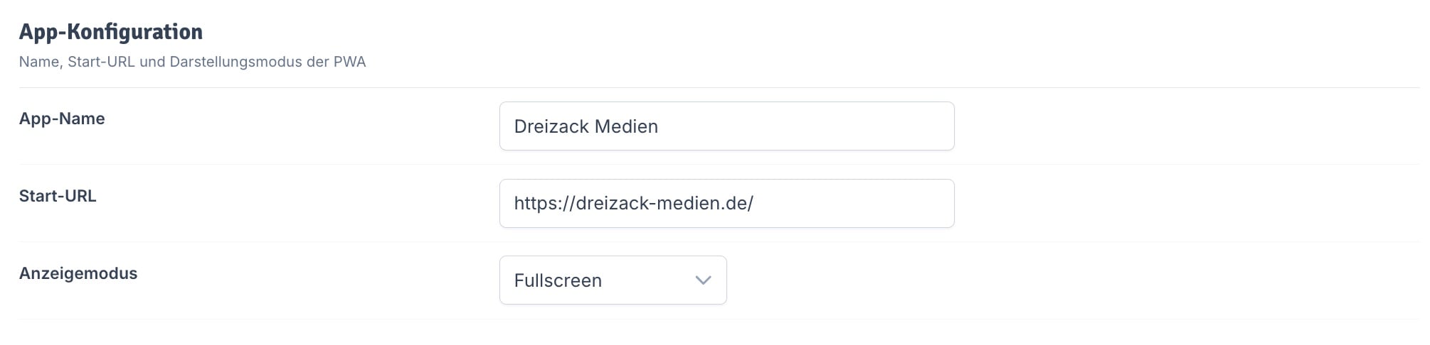 App-Konfiguration – Name, Start-URL, Anzeigemodus