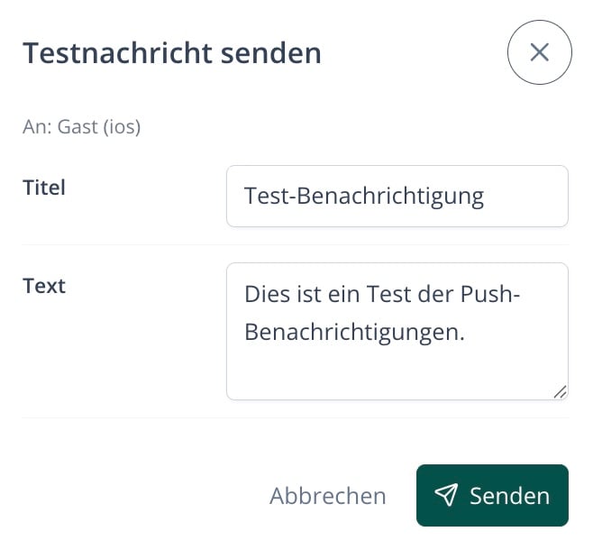 Testnachricht senden – Dialog