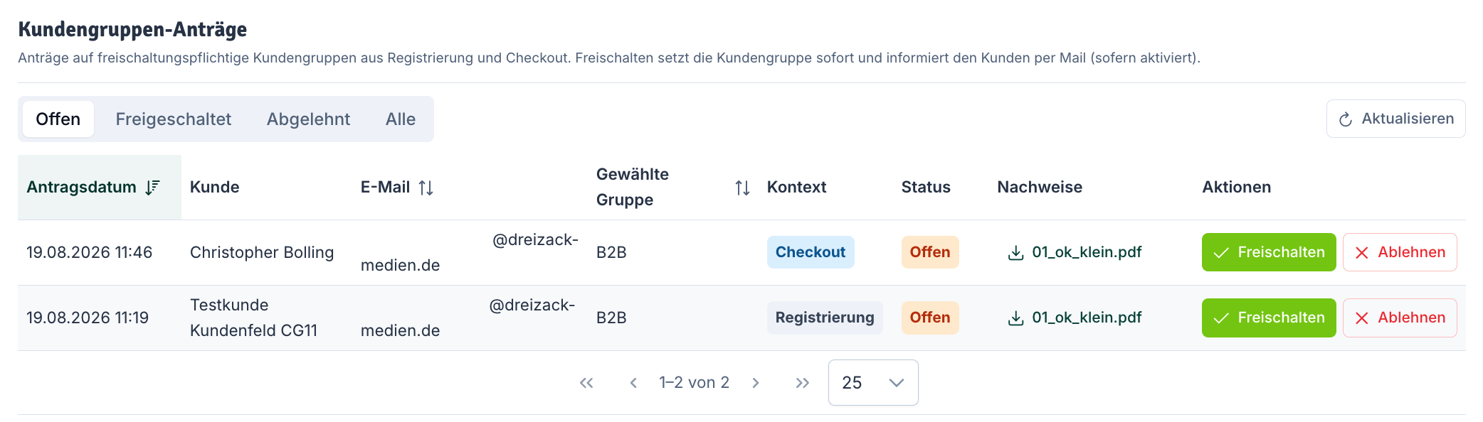 Kundengruppen-Anträge: Offen