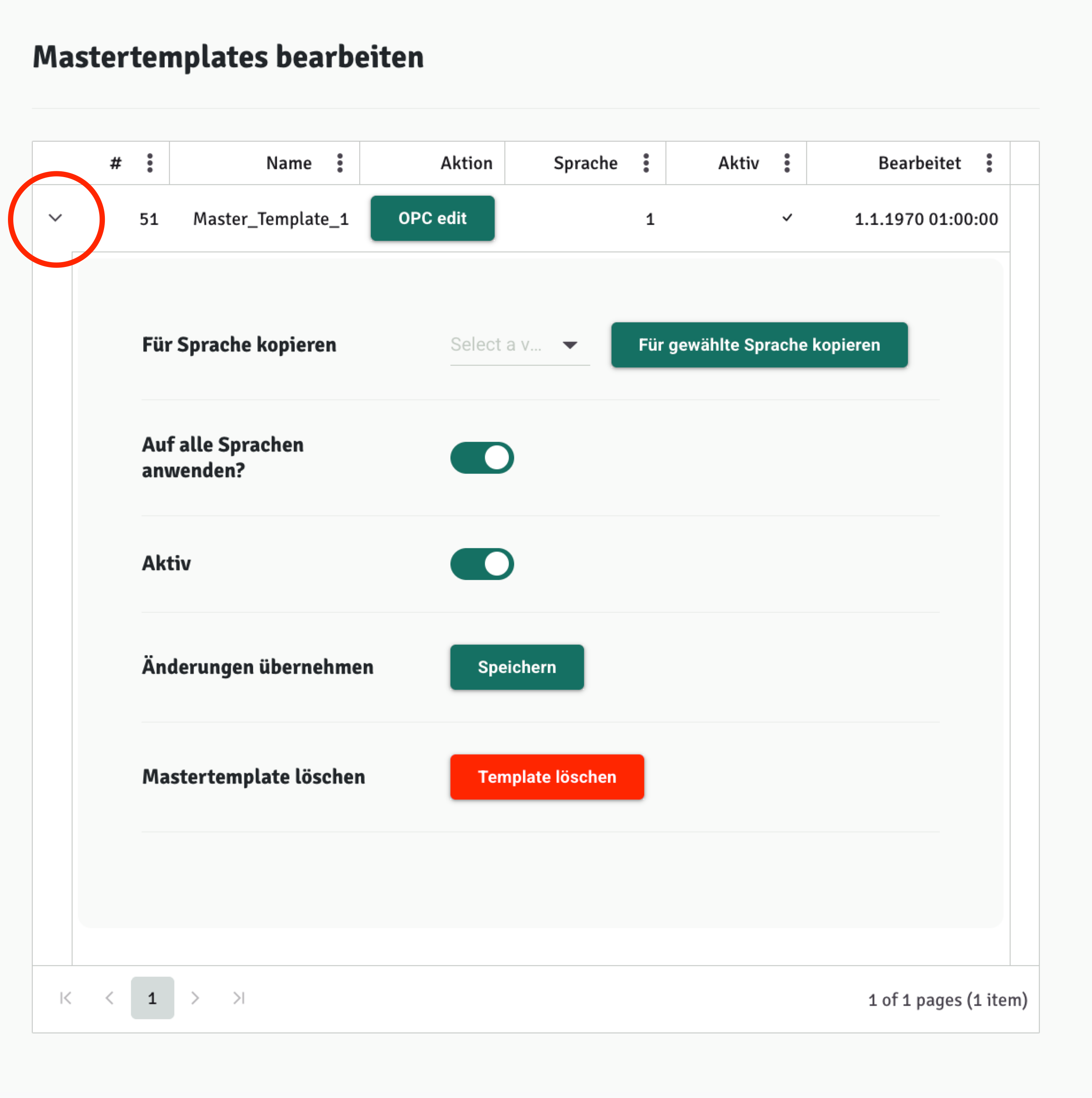 Mastertemplates Tabelle