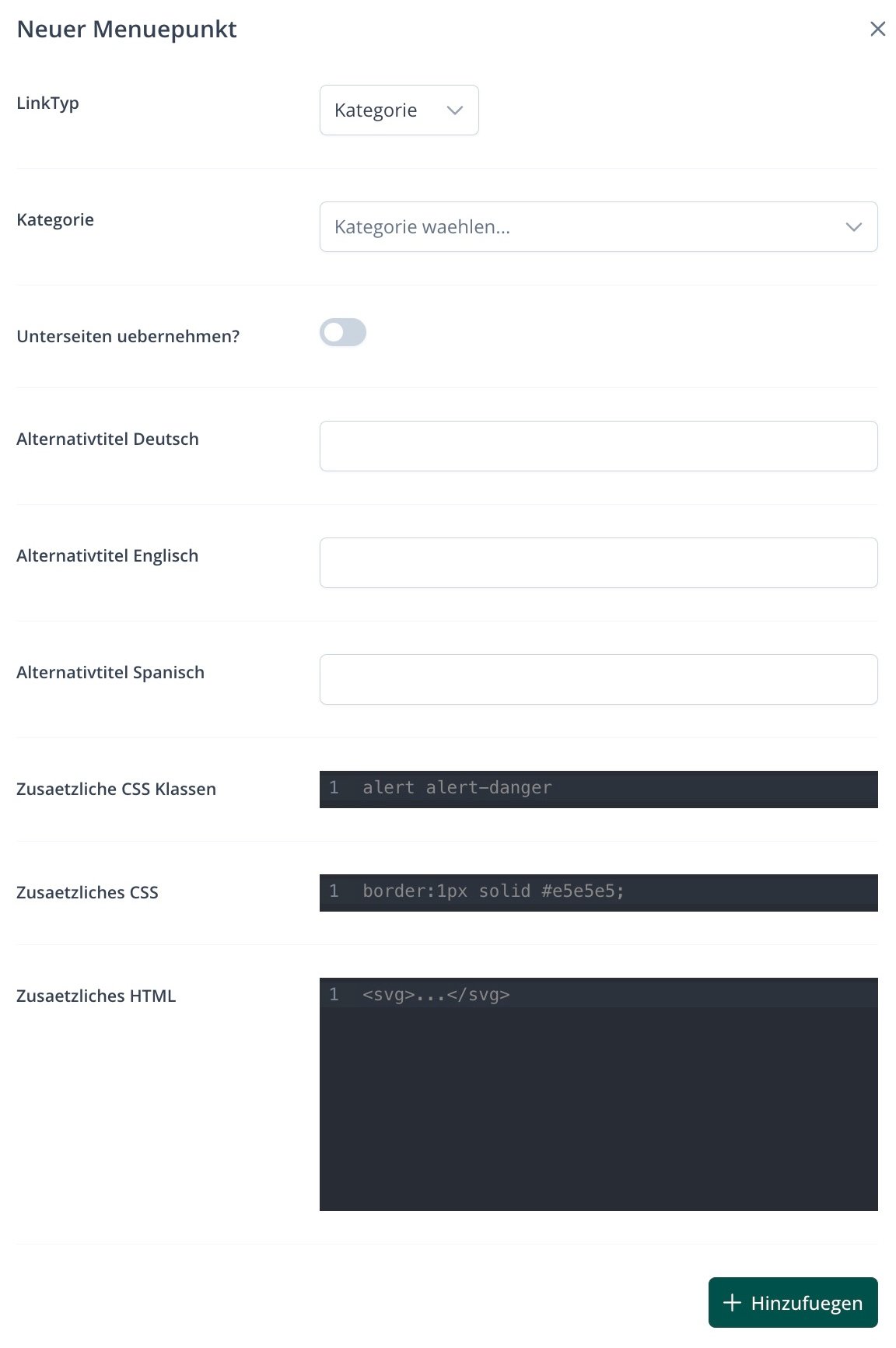 Menu Builder Aktionen
