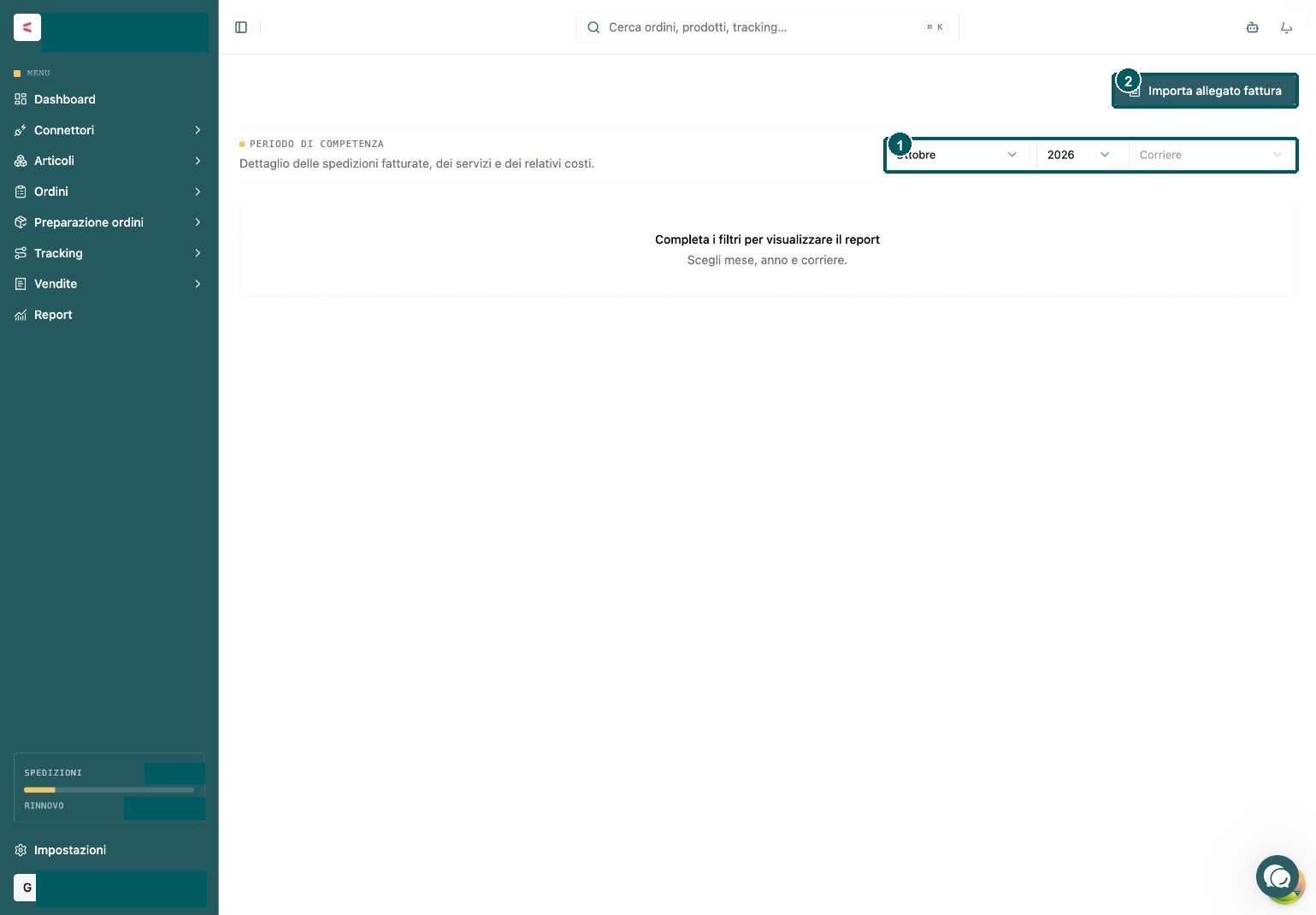 Report Fatture corrieri: 1 evidenzia i selettori di mese, anno e corriere; 2 il comando Importa allegato fattura. I dati dell'account sono oscurati.
