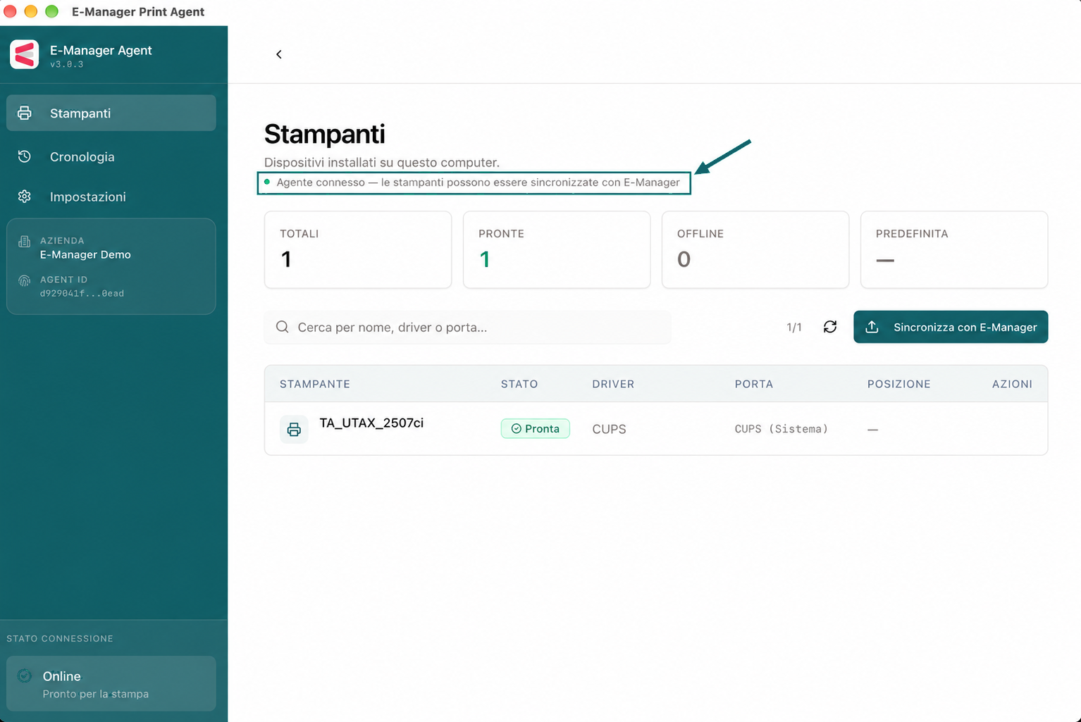 E-Manager Print Agent con lo stato Agente connesso e una stampante pronta