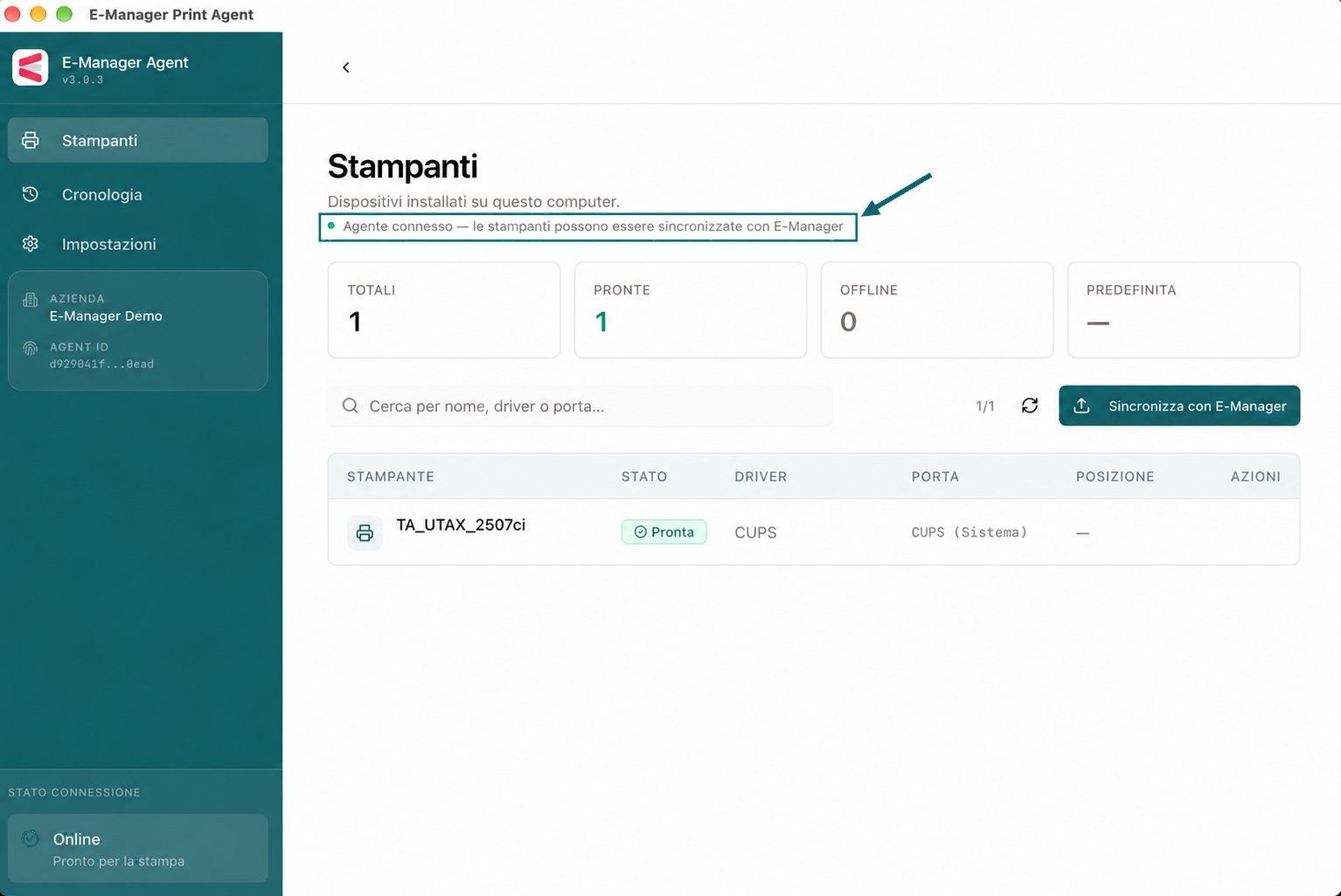 E-Manager Print Agent con lo stato Agente connesso e una stampante pronta