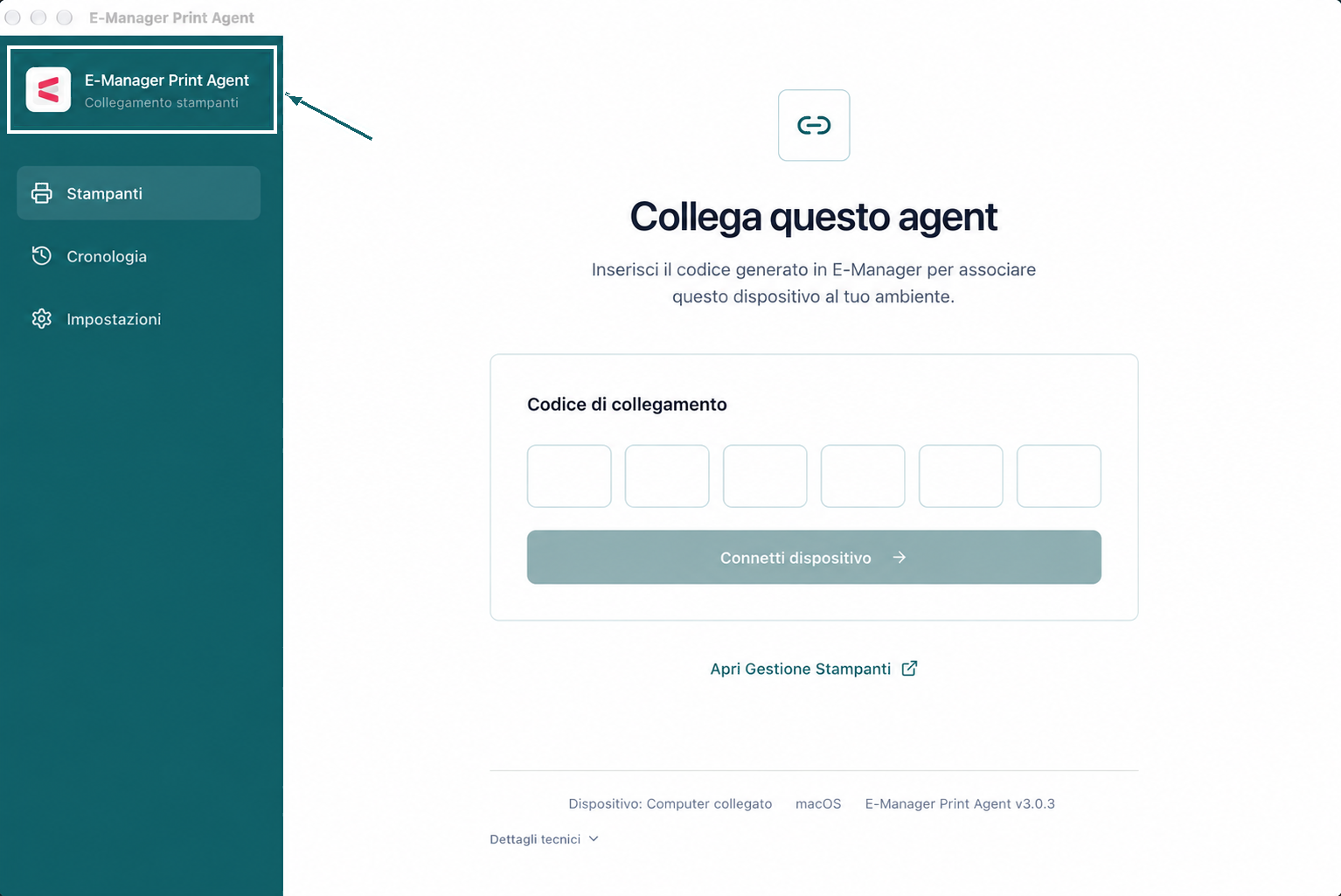 E-Manager Print Agent aperto sul computer, con il nome dell'app evidenziato