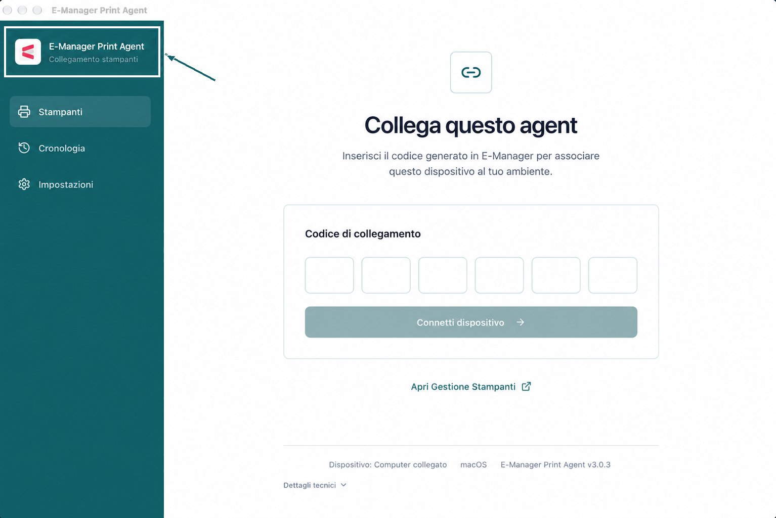 E-Manager Print Agent aperto sul computer, con il nome dell'app evidenziato