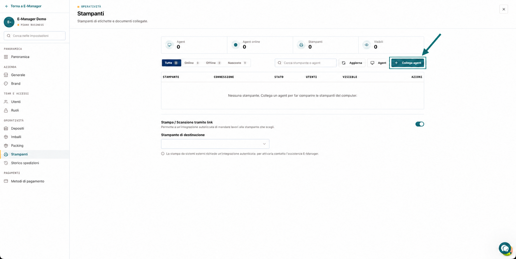Pagina Stampanti con il pulsante Collega agent evidenziato