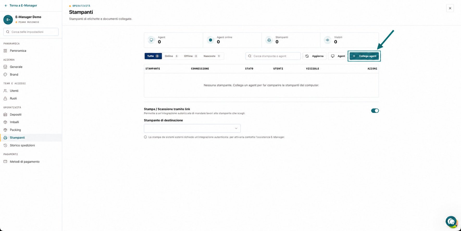 Pagina Stampanti con il pulsante Collega agent evidenziato