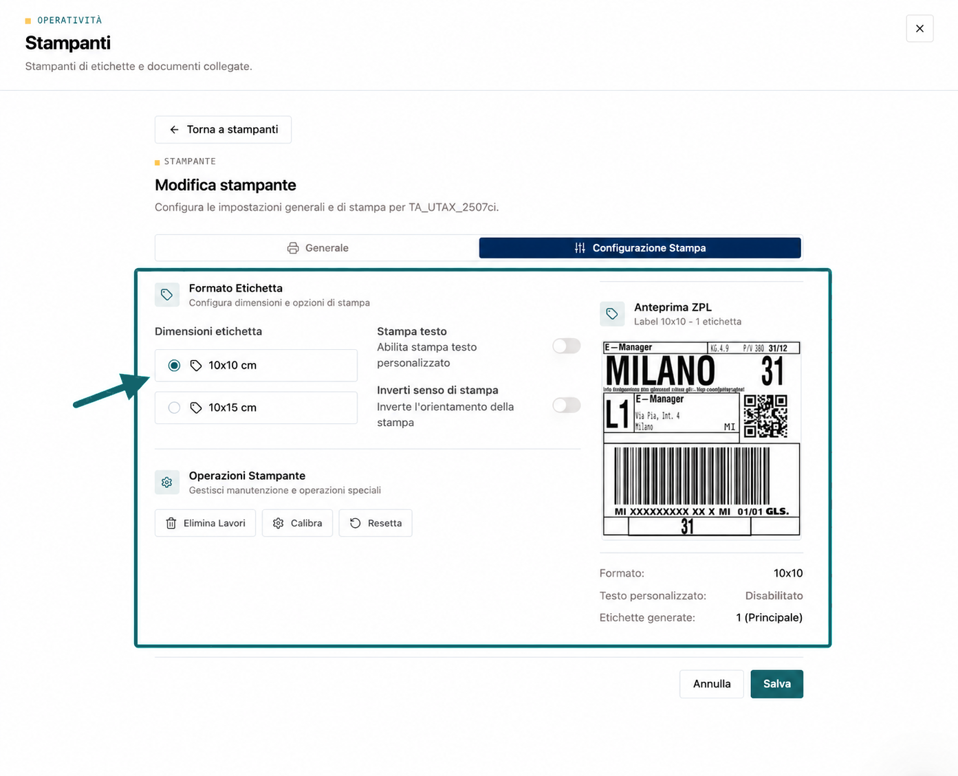 Scheda Configurazione Stampa con formato, opzioni, operazioni e anteprima evidenziati