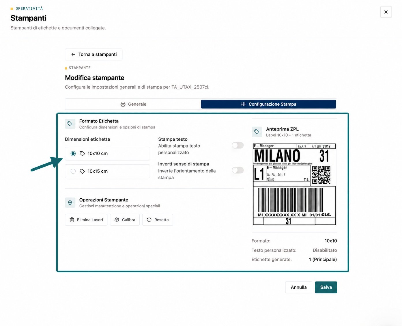 Scheda Configurazione Stampa con formato, opzioni, operazioni e anteprima evidenziati