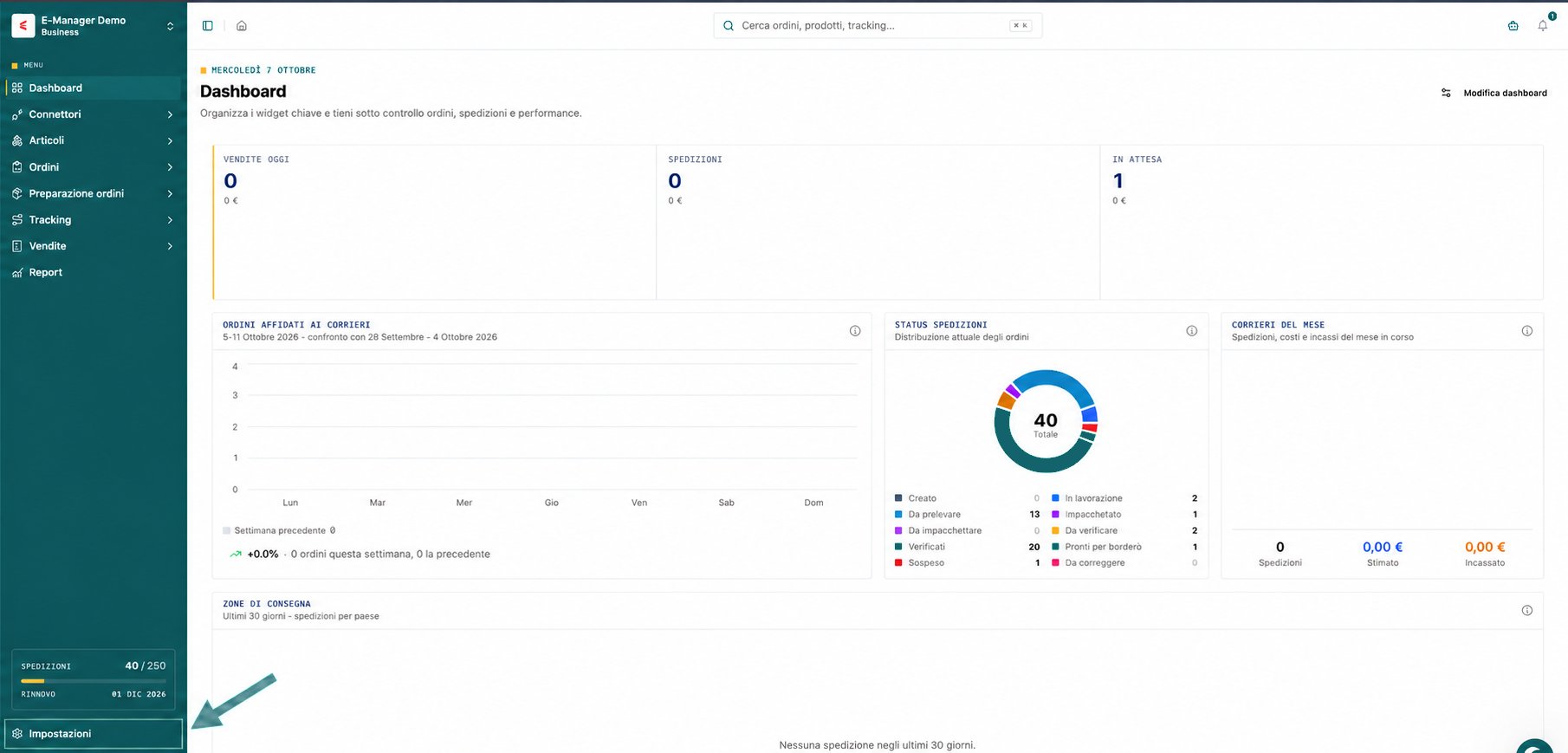 Dashboard con la voce Impostazioni evidenziata