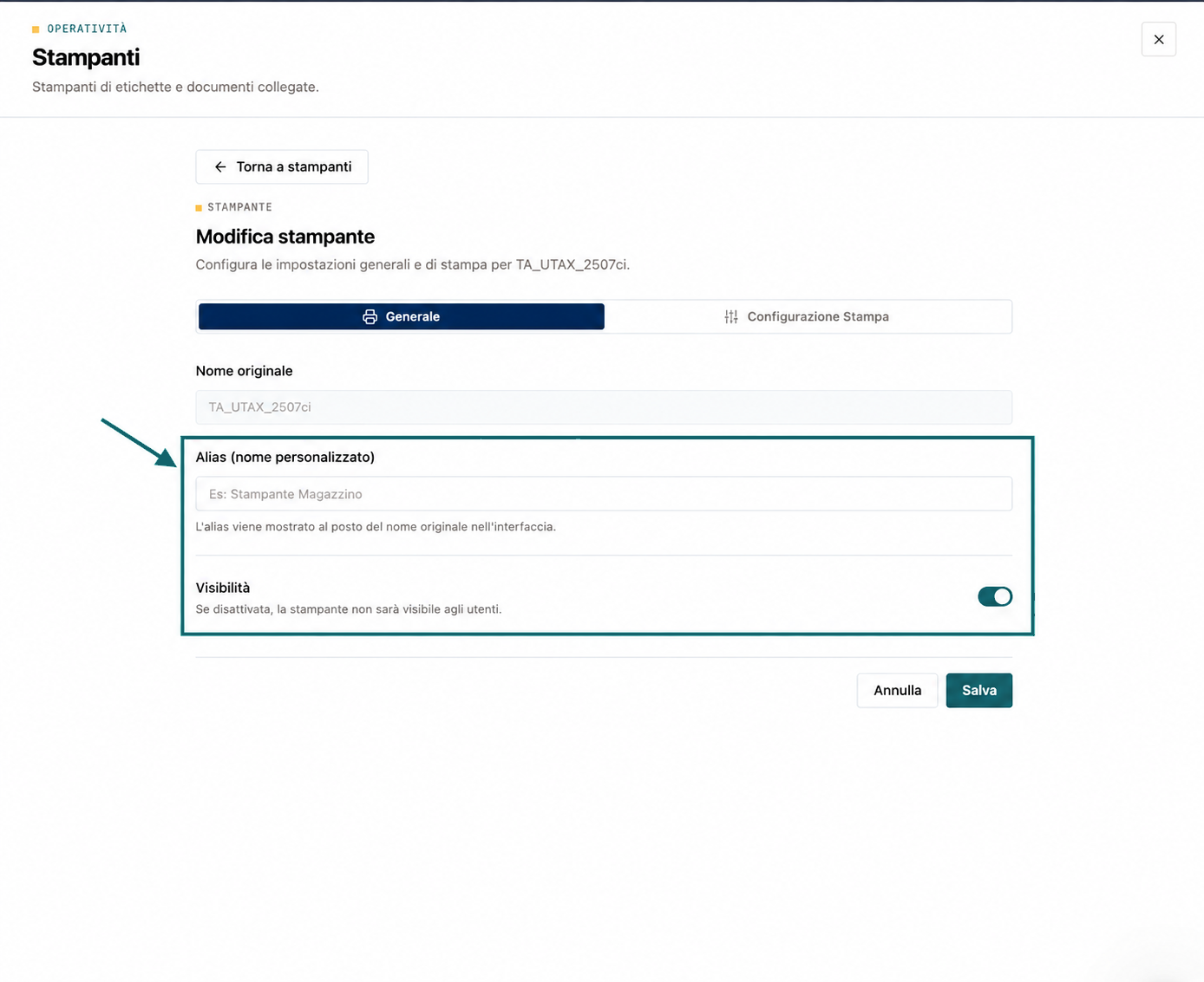 Impostazioni Generale con alias e visibilità evidenziati