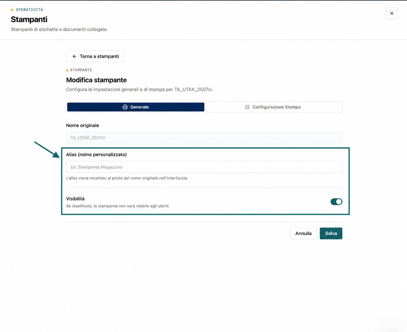 Impostazioni Generale con alias e visibilità evidenziati