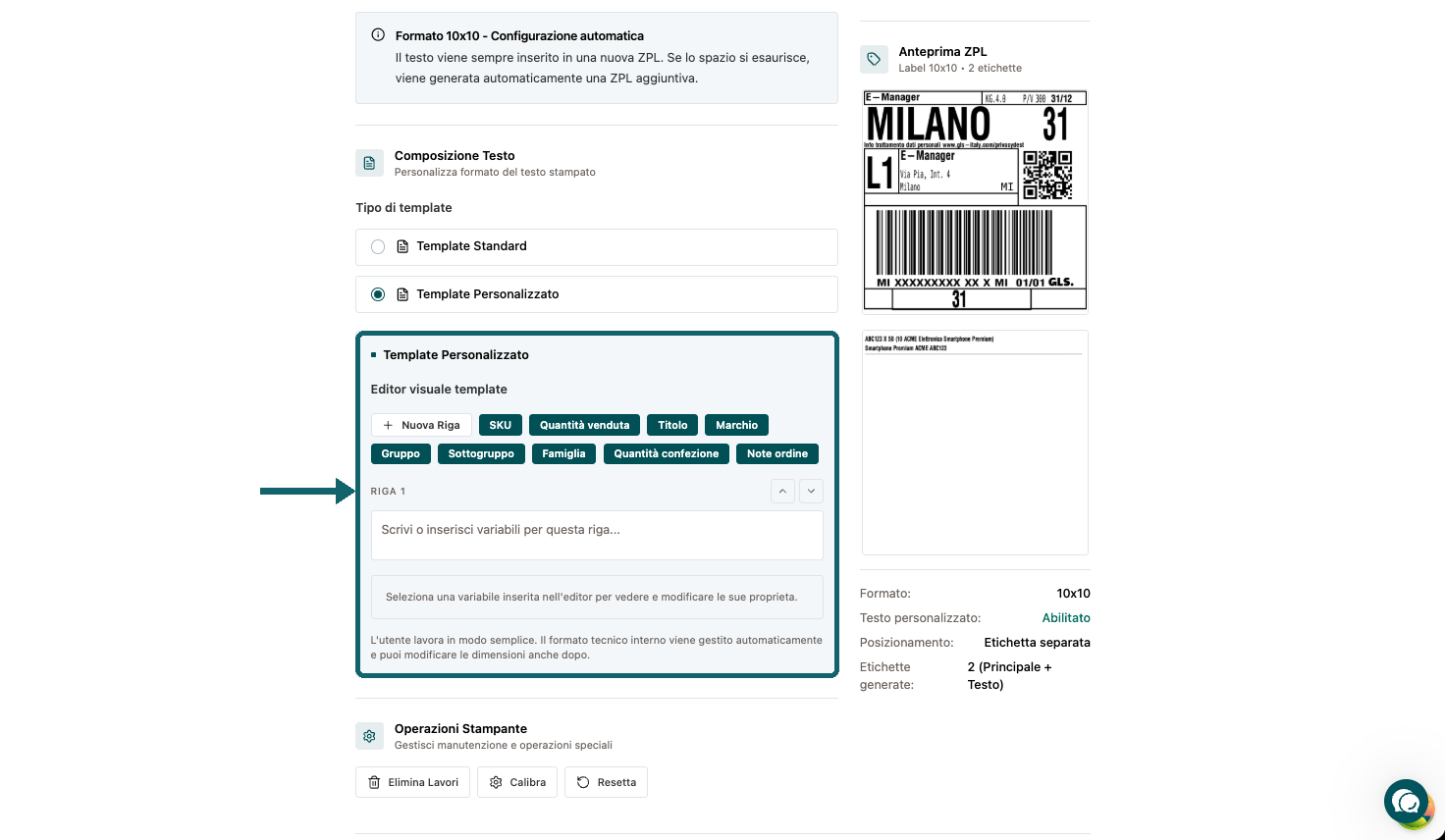 Riquadro e freccia evidenziano l'editor e le variabili del Template Personalizzato