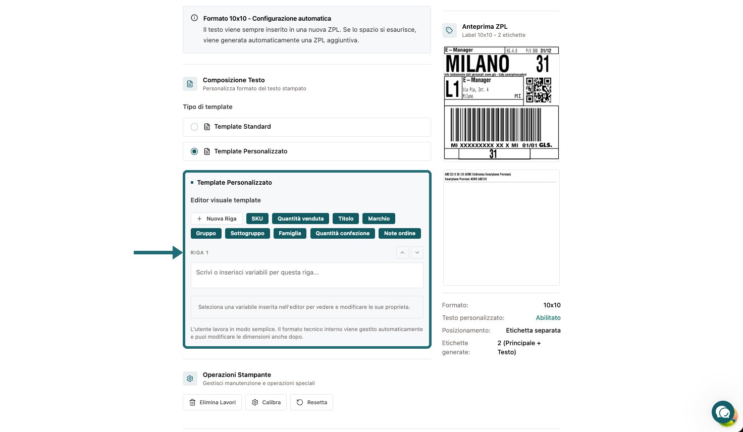 Riquadro e freccia evidenziano l'editor e le variabili del Template Personalizzato