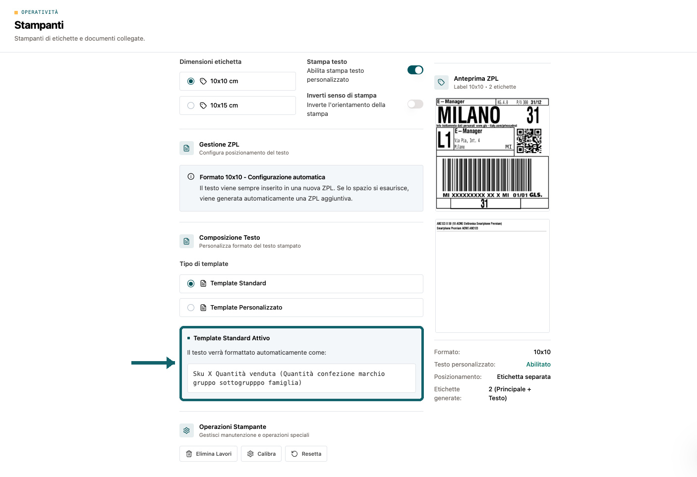 Riquadro e freccia evidenziano il Template Standard attivo