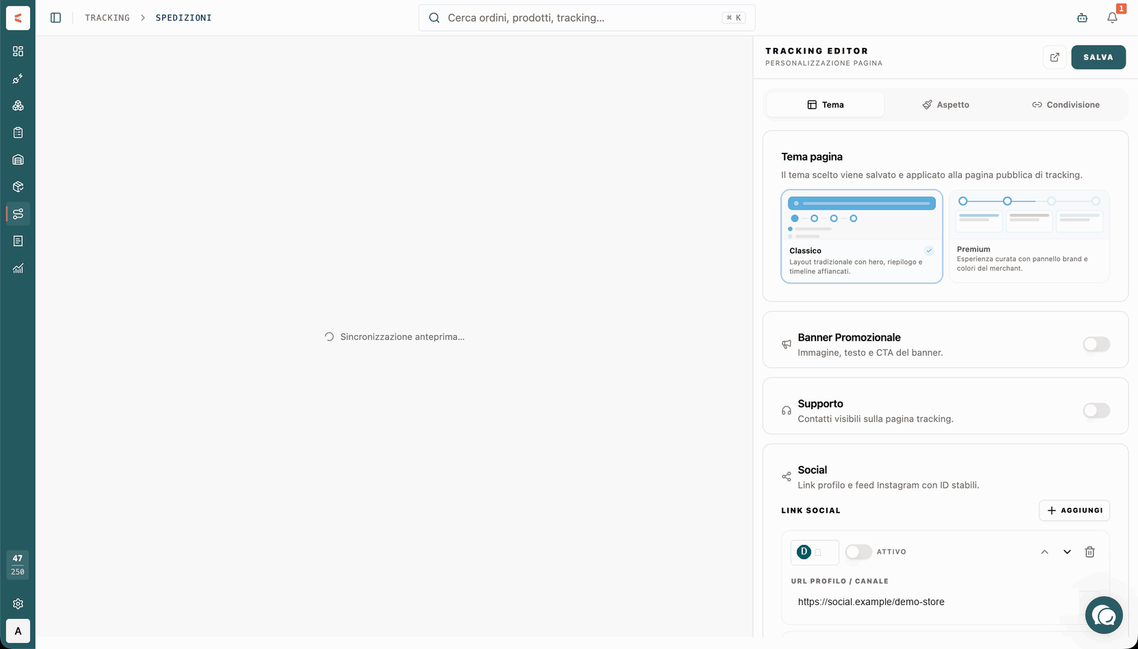 Animazione del tema Classico: dopo aver salvato, dall’editor si apre la pagina tracking essenziale, senza immagini o animazioni. Logo e dati del negozio sono dimostrativi.