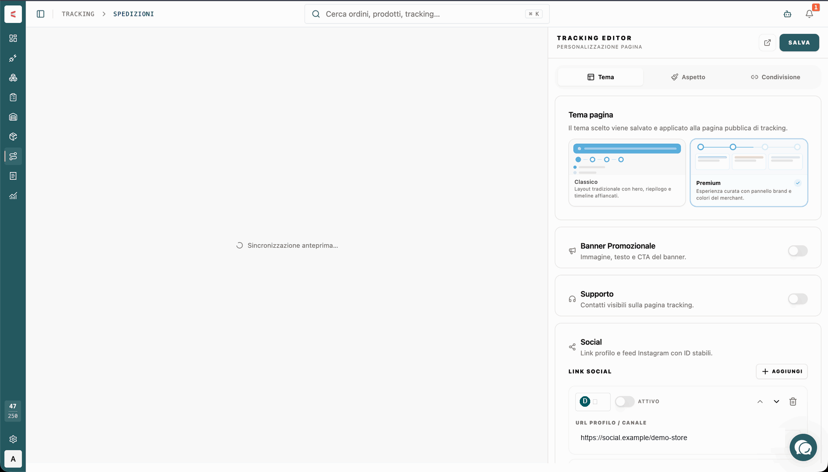 Animazione del tema Premium: dopo aver salvato, dall’editor si apre la pagina tracking con pannello brand e illustrazione animata. Logo, nome e dati social sono dimostrativi.