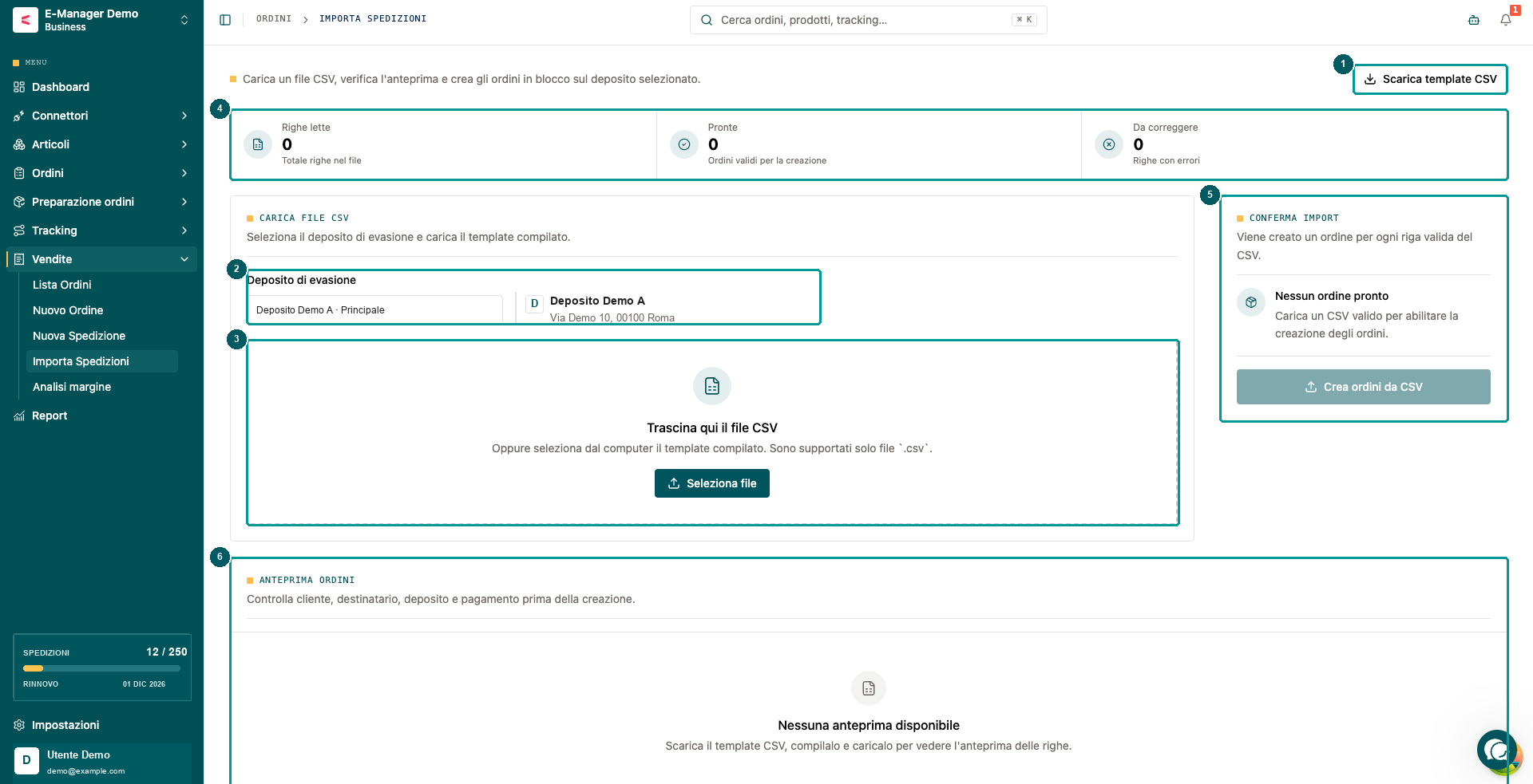 Importa Spedizioni: 1 Scarica template CSV; 2 scegli il deposito di evasione; 3 carica il file CSV; 4 riepilogo delle righe lette, pronte e da correggere; 5 riepilogo e conferma dell'importazione; 6 anteprima degli ordini. Profilo e indirizzo del deposito sono sostituiti con dati dimostrativi.