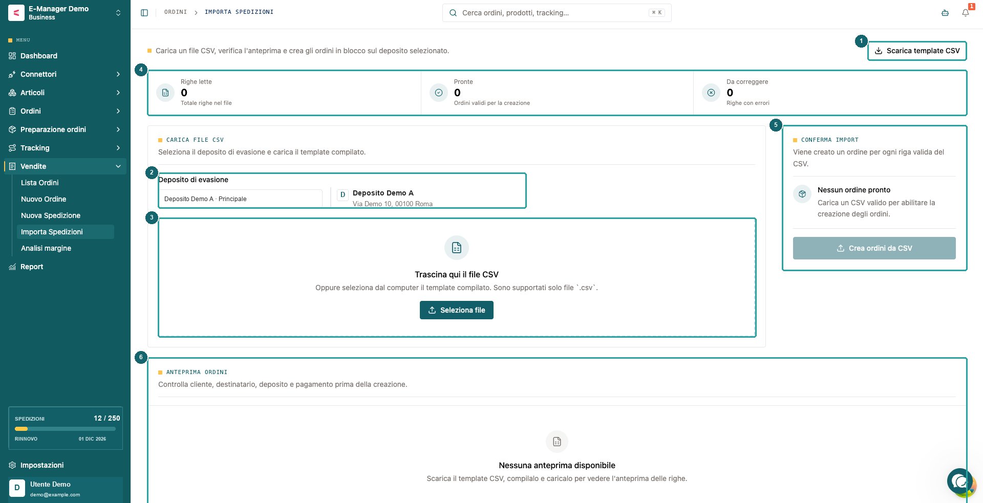 Importa Spedizioni: 1 Scarica template CSV; 2 scegli il deposito di evasione; 3 carica il file CSV; 4 riepilogo delle righe lette, pronte e da correggere; 5 riepilogo e conferma dell'importazione; 6 anteprima degli ordini. Profilo e indirizzo del deposito sono sostituiti con dati dimostrativi.