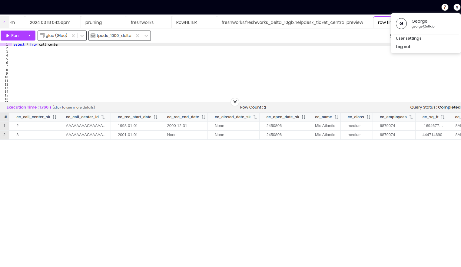 Query results on call_center filtered for user George