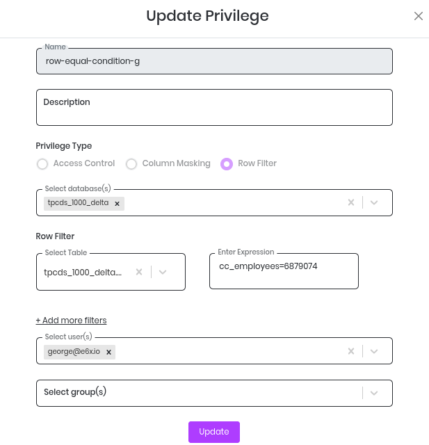 Update row filter privilege form