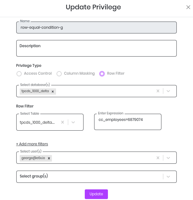 Update row filter privilege form
