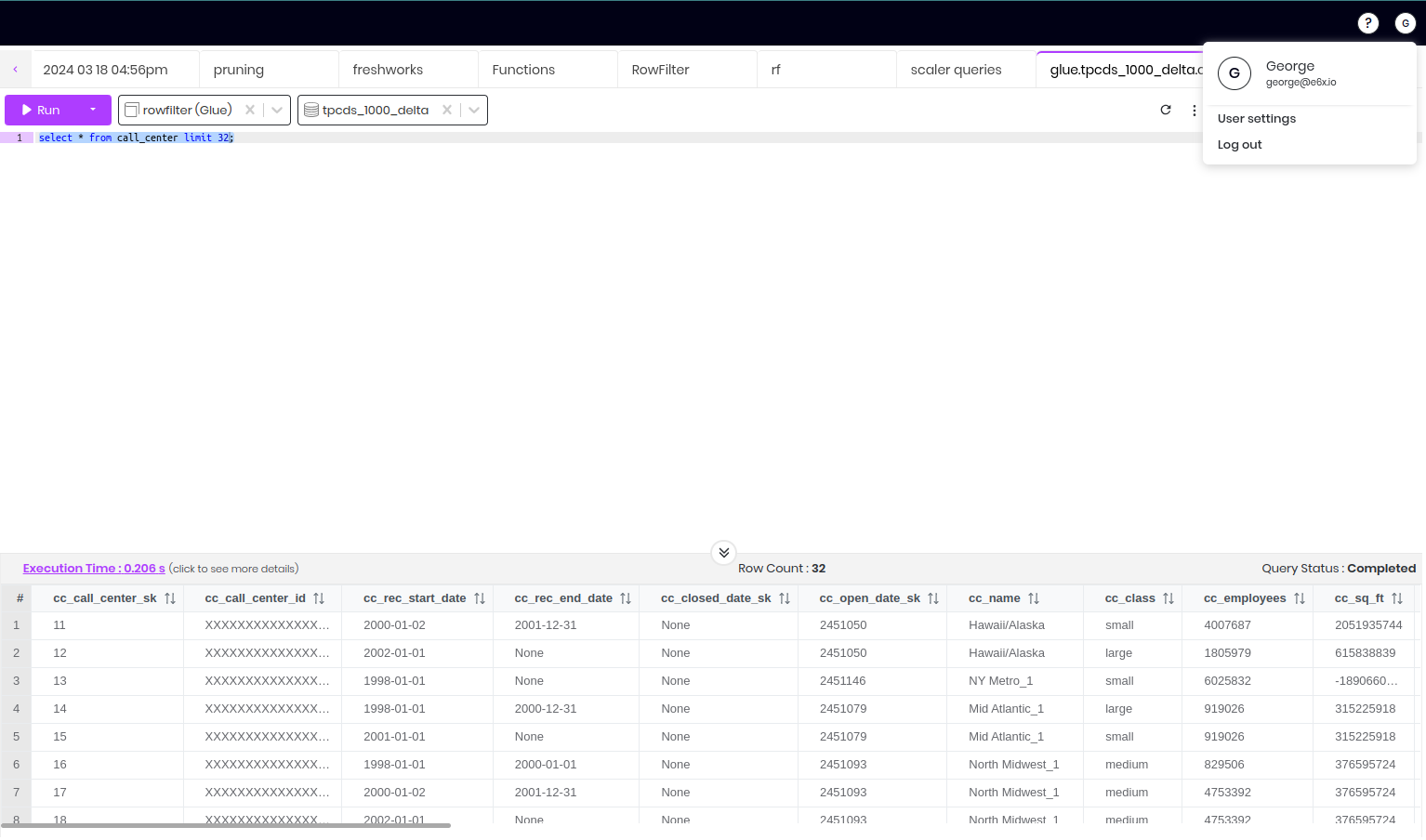 Query results with the cc_call_id column masked for user George