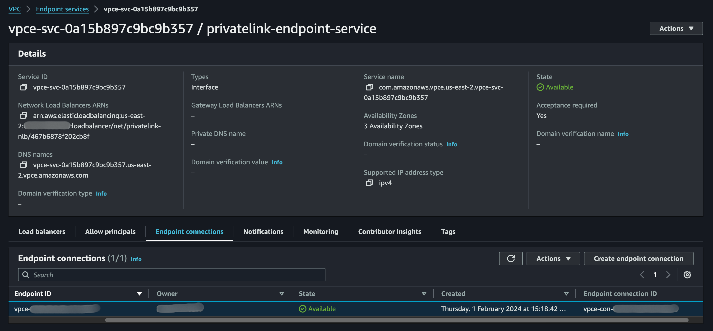 Endpoint service showing the e6data account as an allowed principal