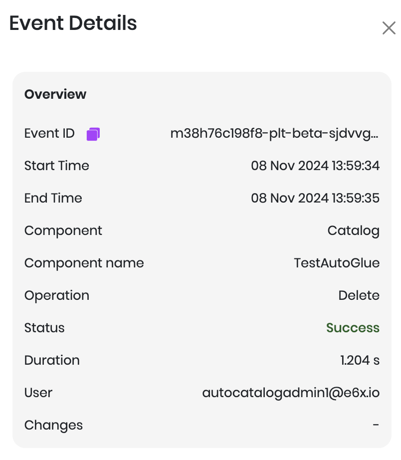 Audit log event details for a catalog operation